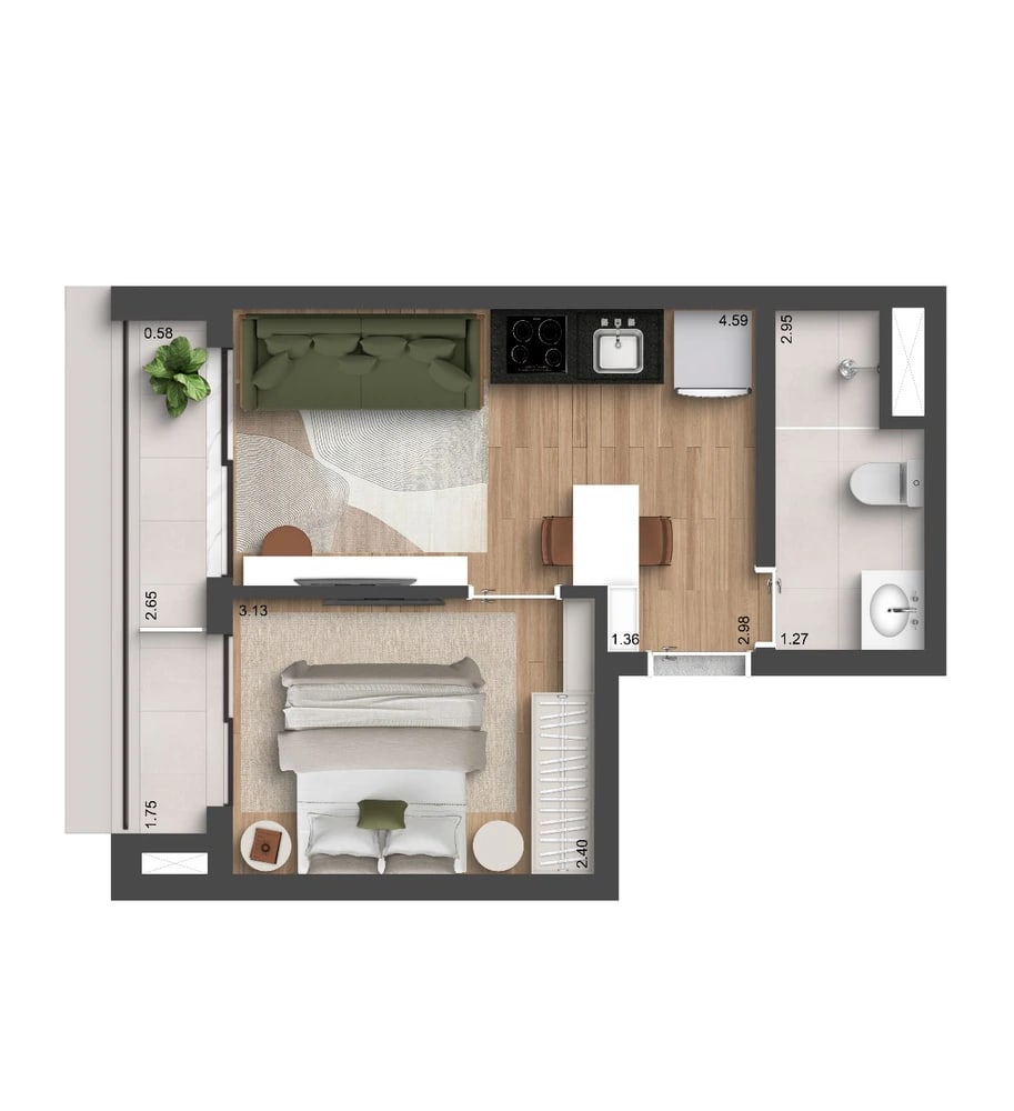 Planta 1 dormitório — 31 m²