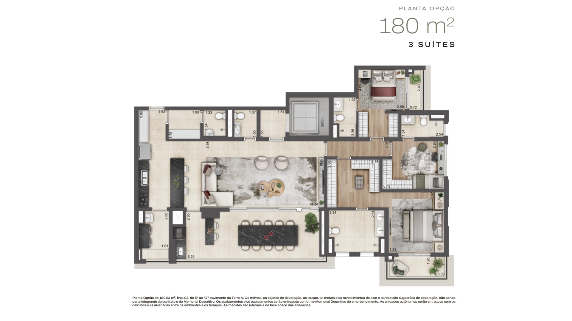Planta Torre A · 4 suítes — 180 m²