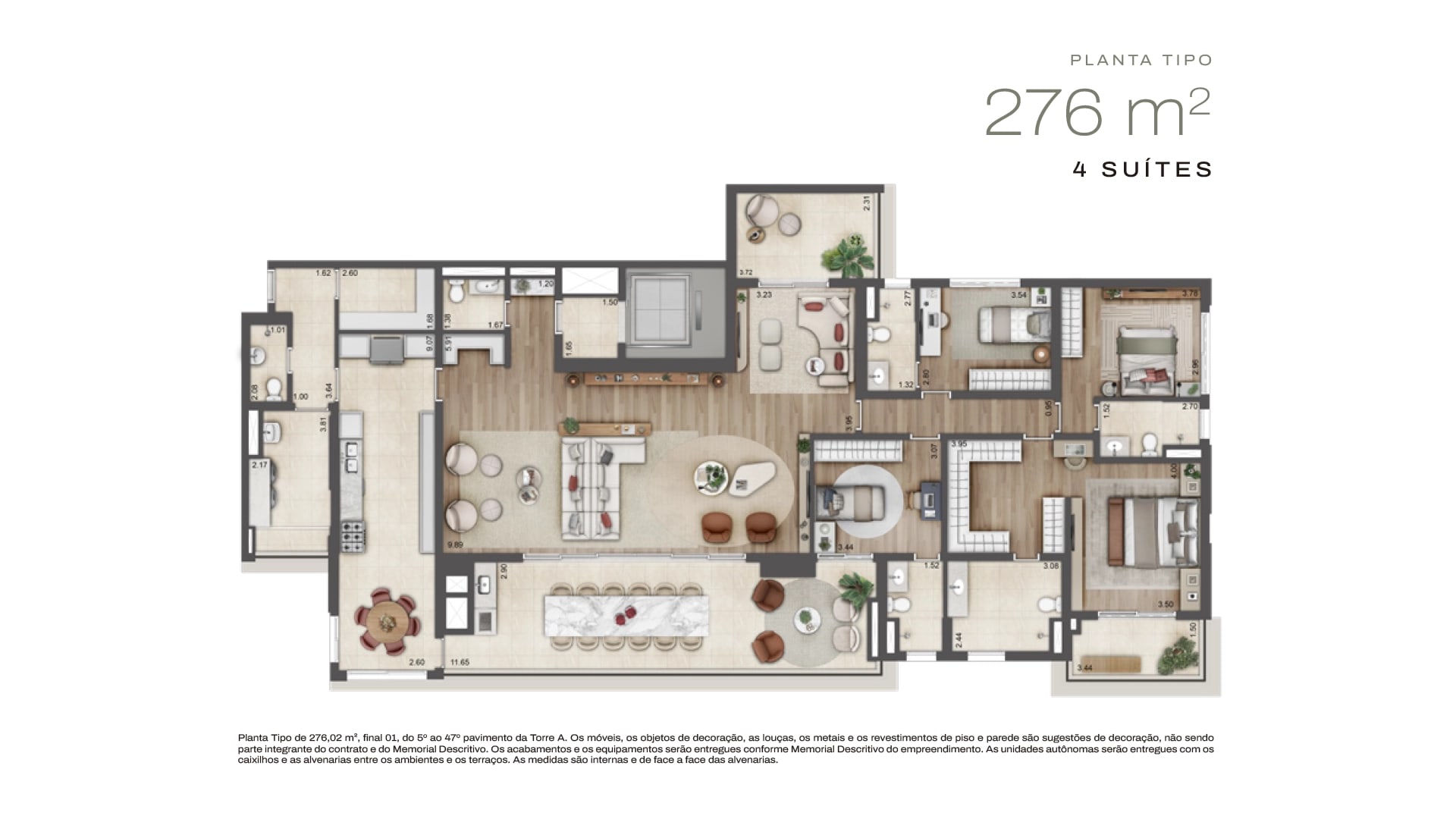 Planta Torre A · 4 suítes — 276 m²
