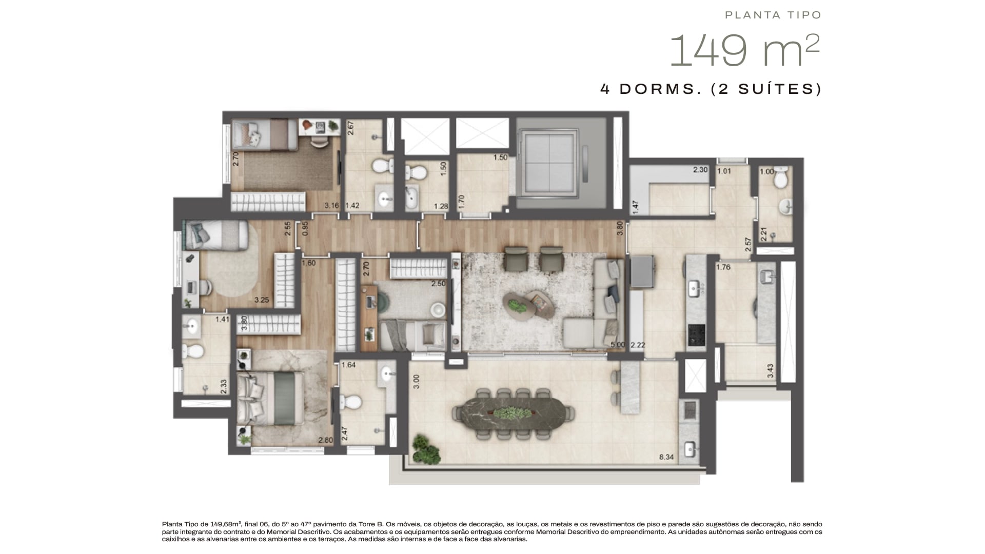 Planta Torre B · 4 dorms (2 suítes) — 149 m²
