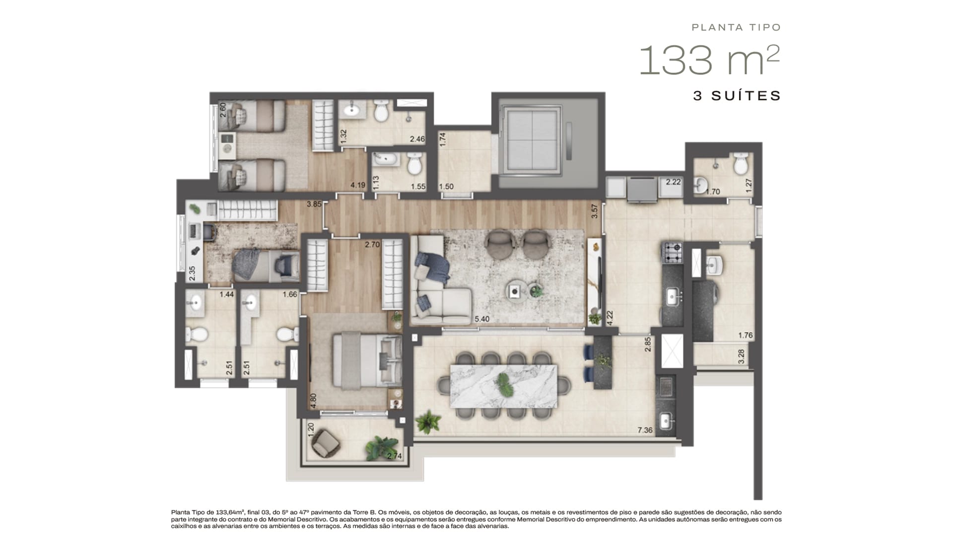 Planta Torre C · 2 suítes — 133 m²