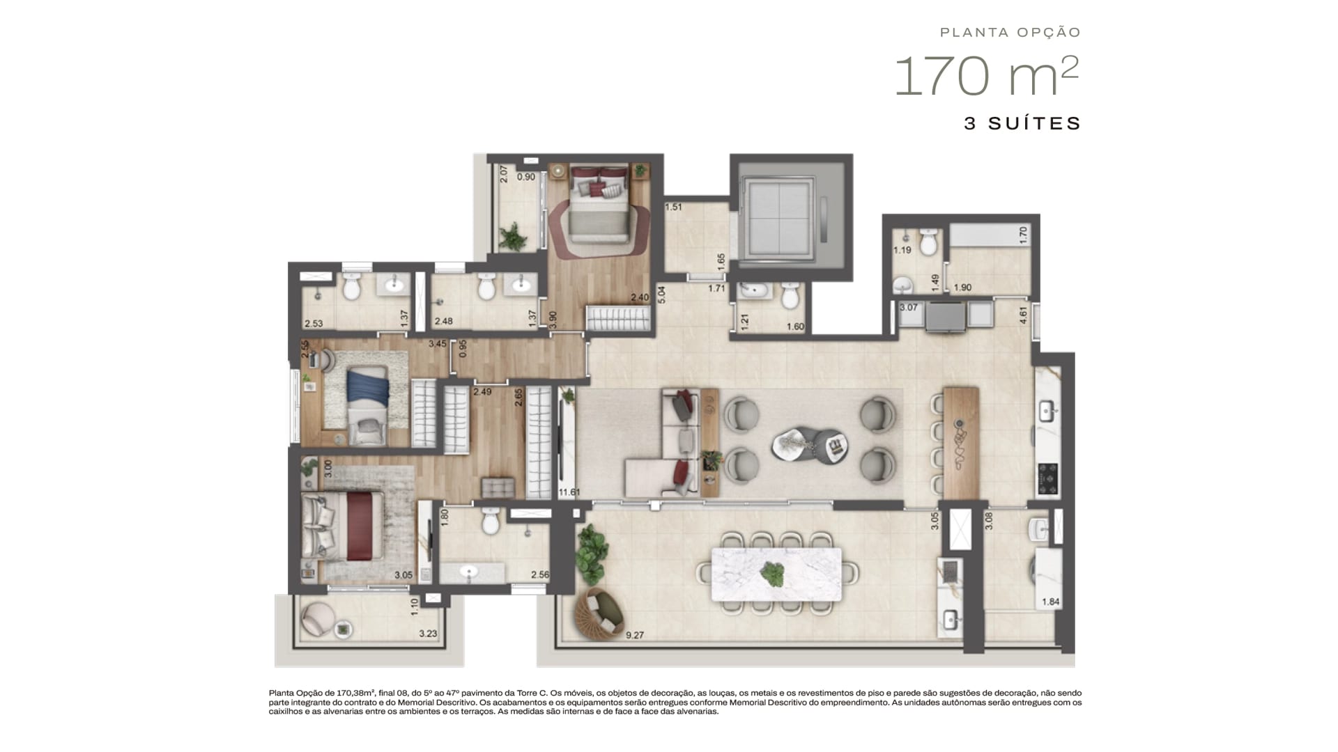 Planta Torre C · 4 dorms (3 suítes) — 170 m²