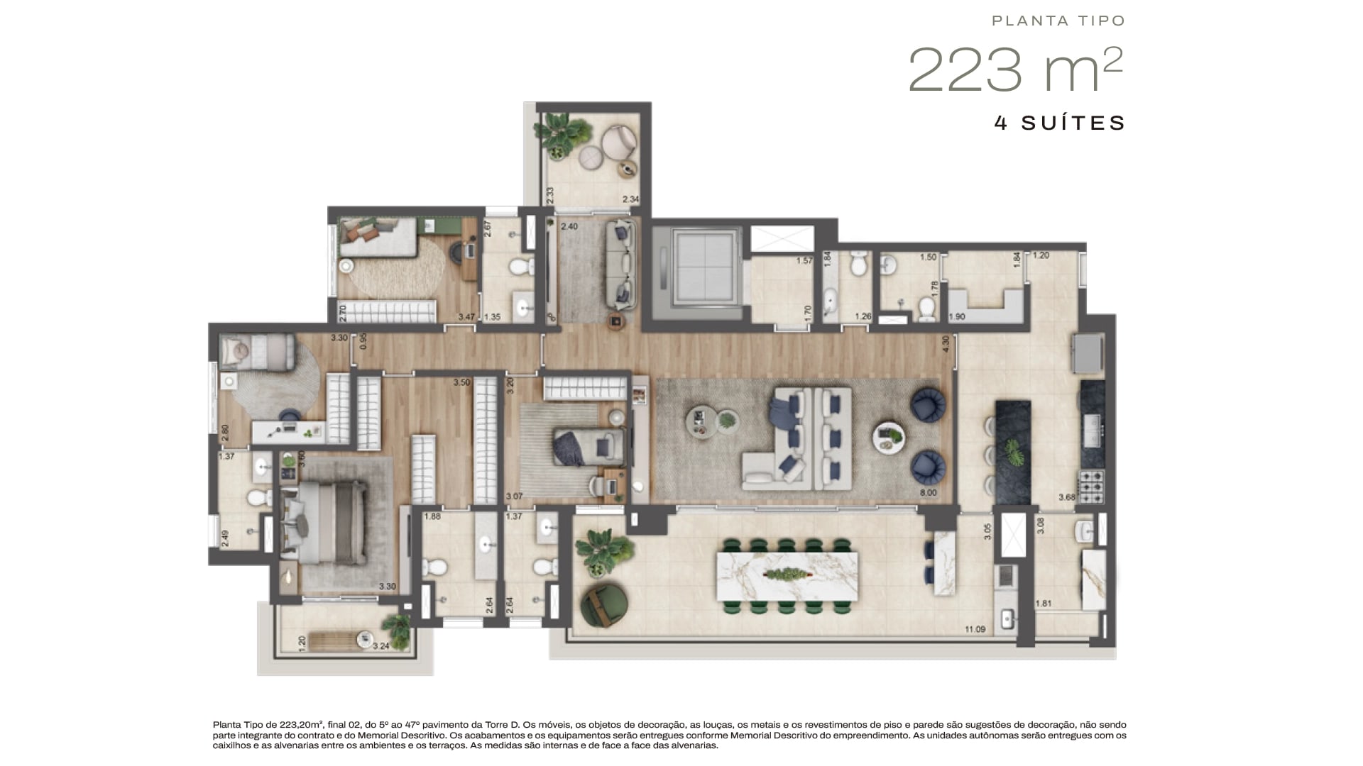 Planta Torre D · 4 suítes — 223 m²