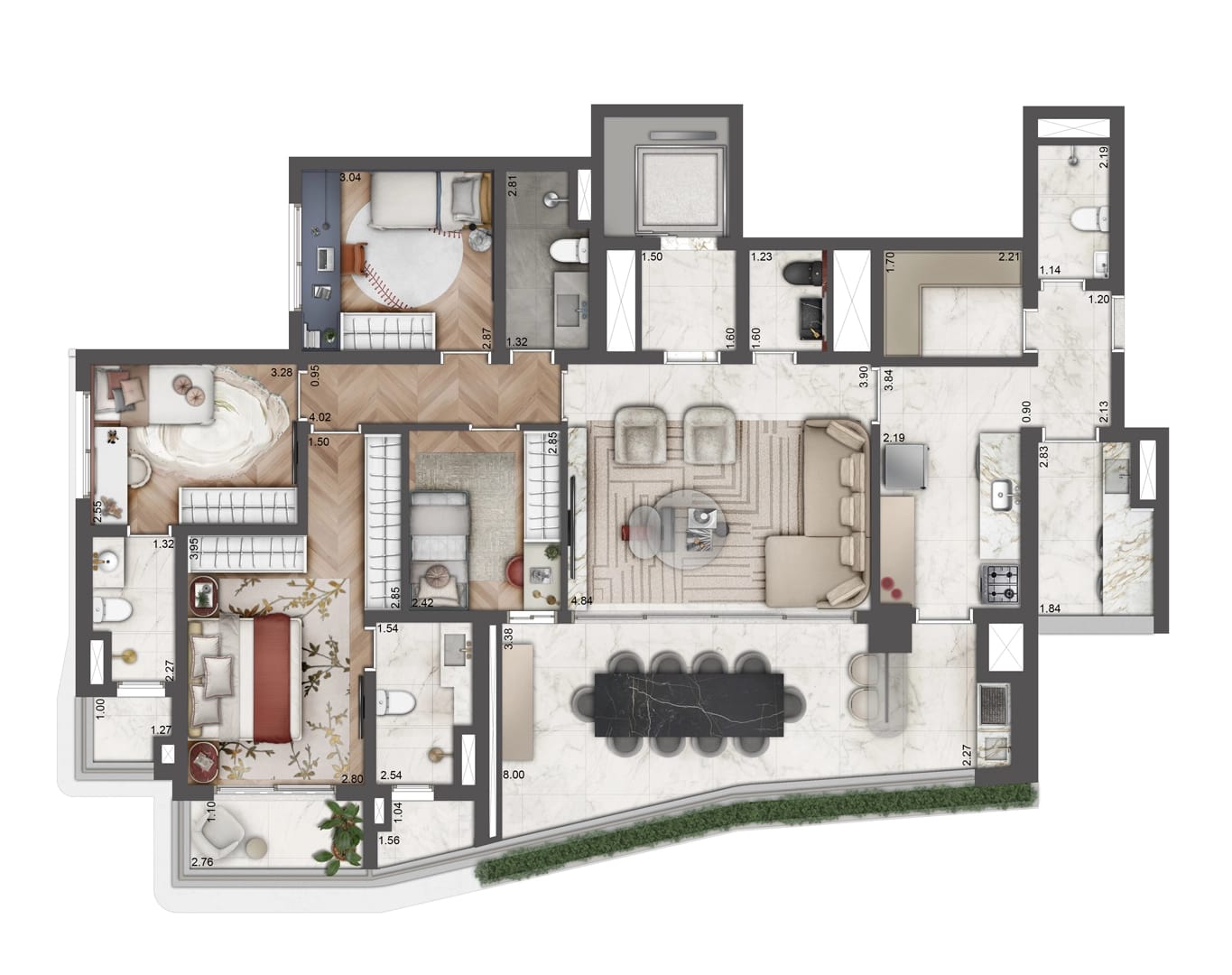 Planta 4 suítes — 156 m²