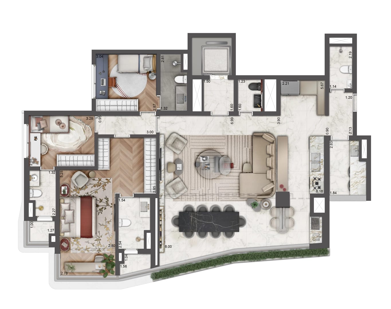 Planta 3 suítes — 156 m²