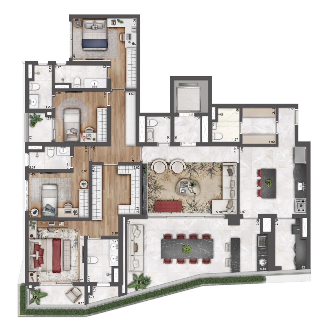 Planta 4 suítes — 203 m²