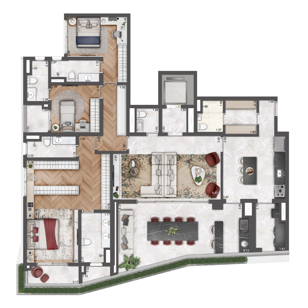 Planta 3 suítes — 203 m²
