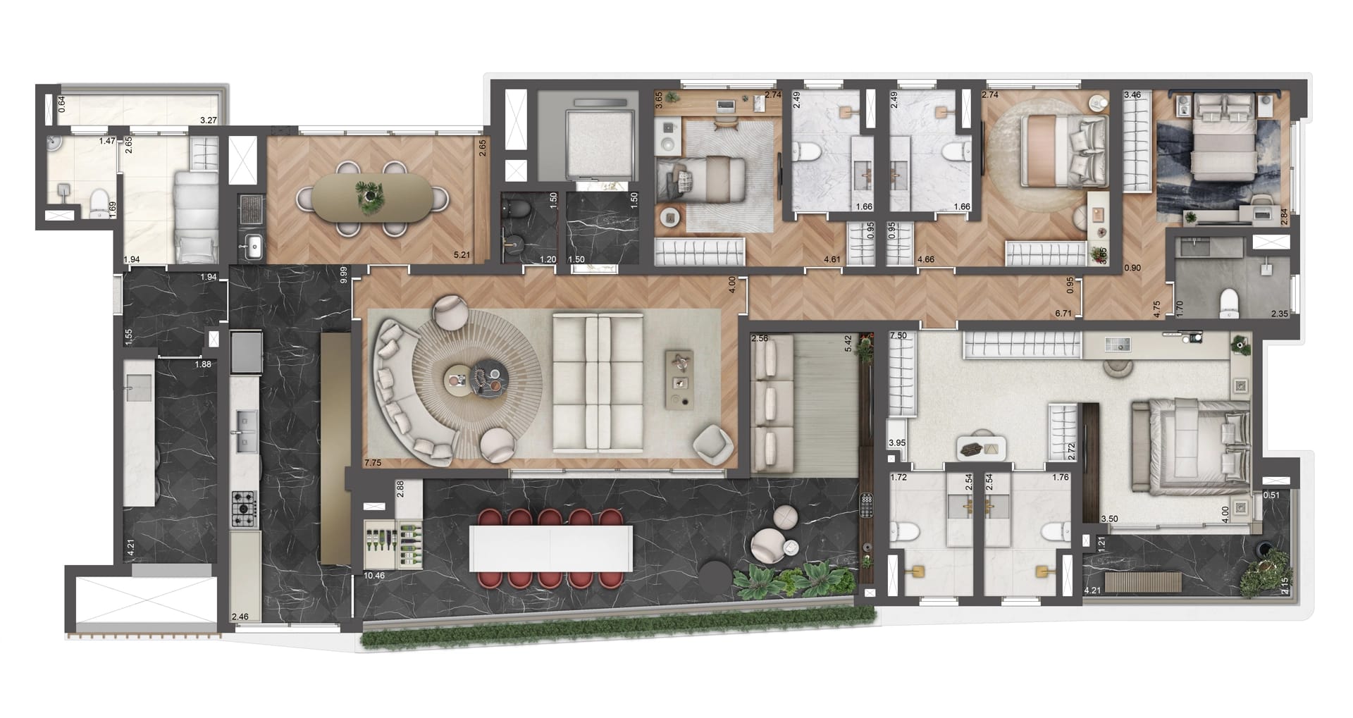 Planta 4 suítes — 264 m²