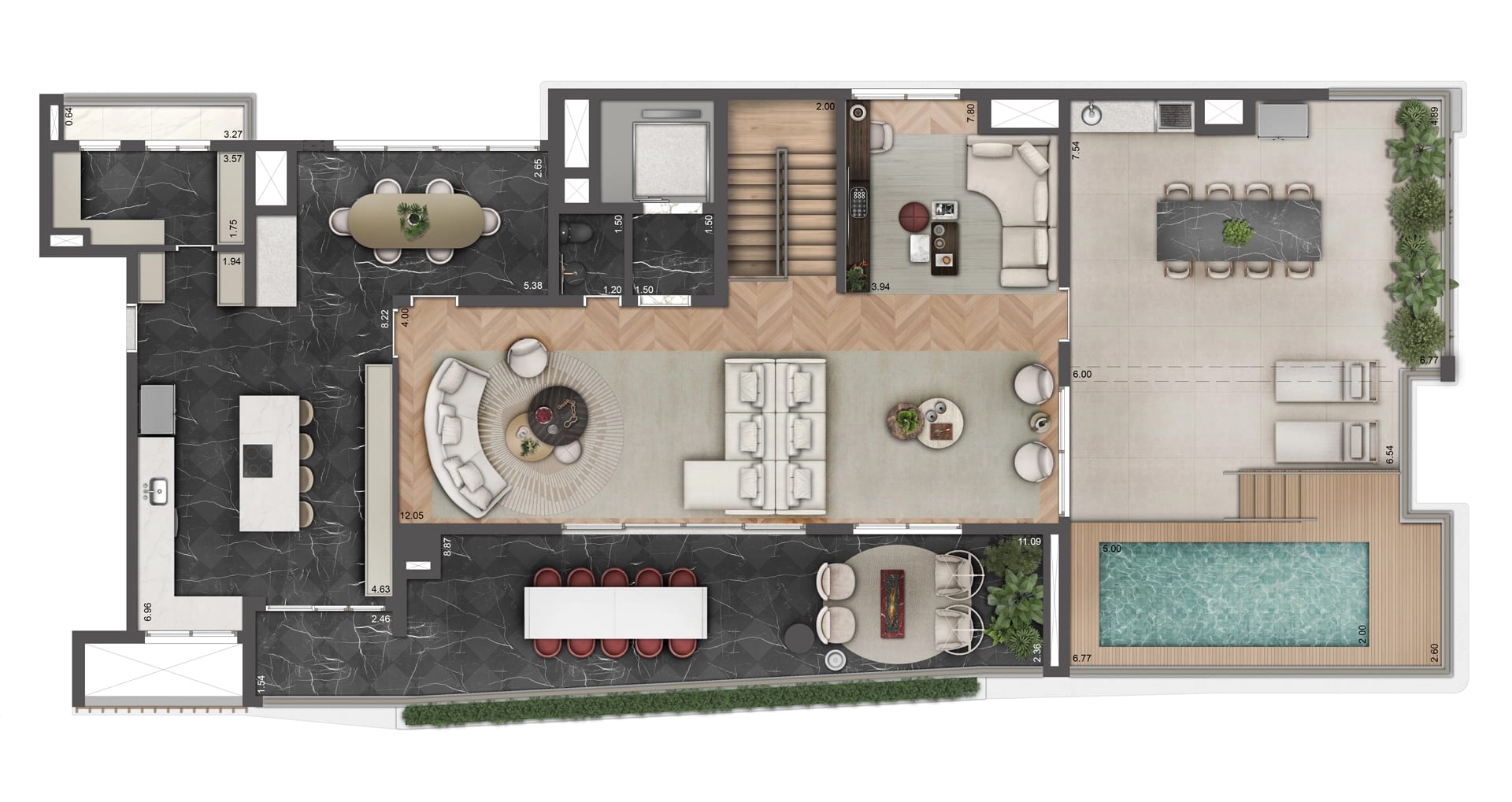 Planta 4 suítes (Pav. Superior) — 521 m²