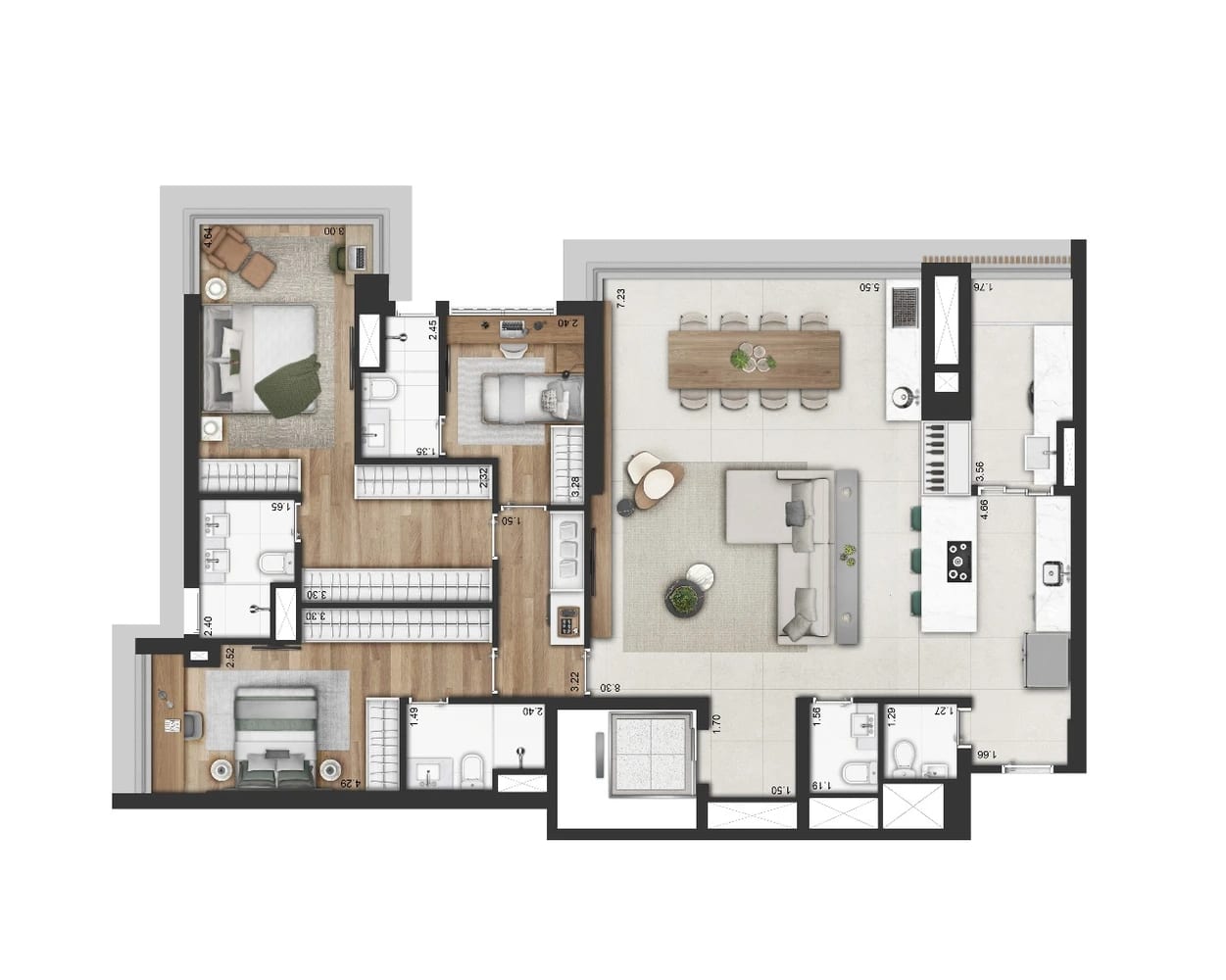 Planta 3 quartos, 3 suítes — 142 m²