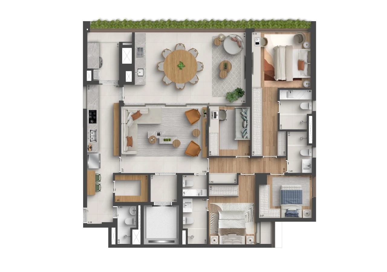 Planta 4 dorms · 2 suítes — 164 m²