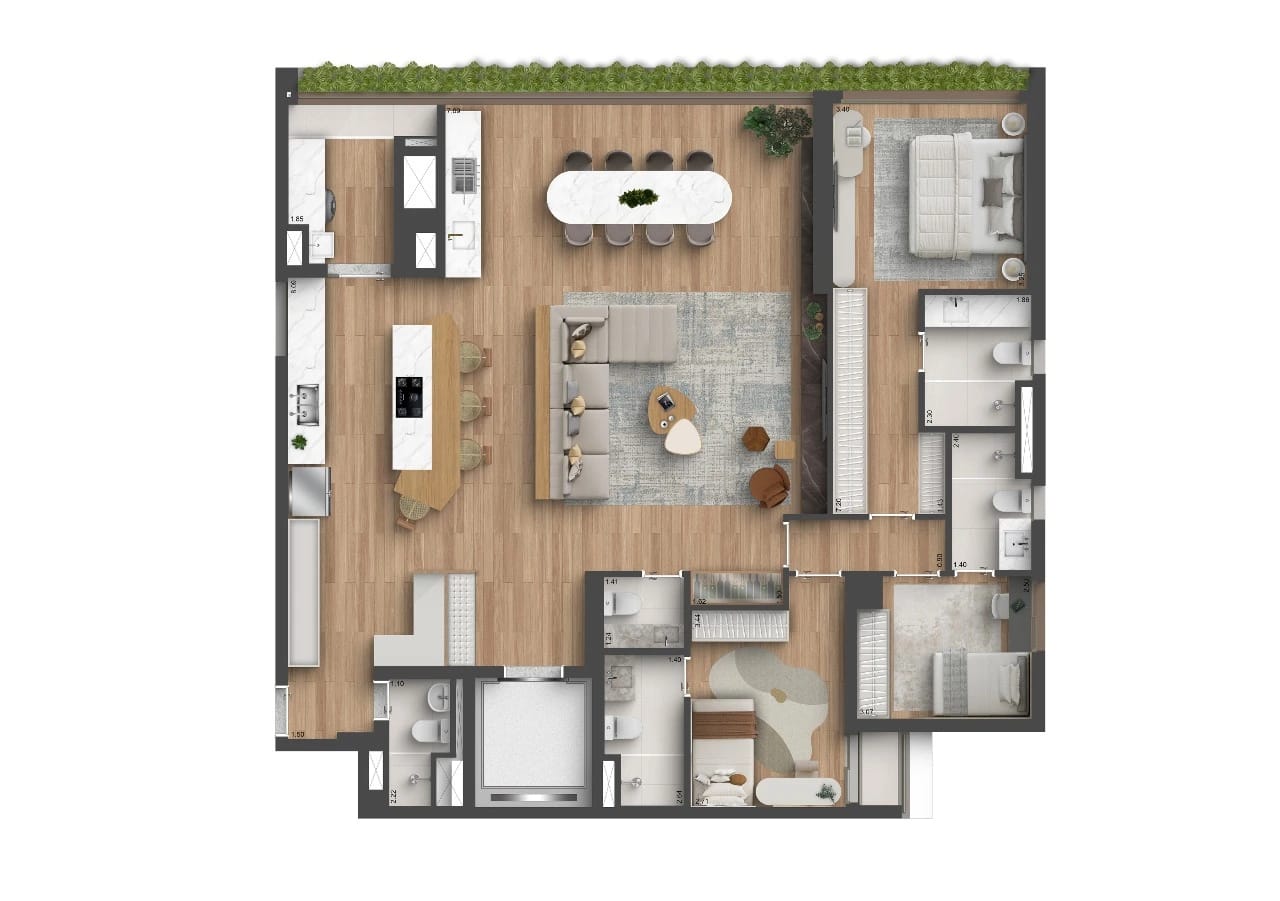 Planta 3 dorms · 3 suítes — 164 m²