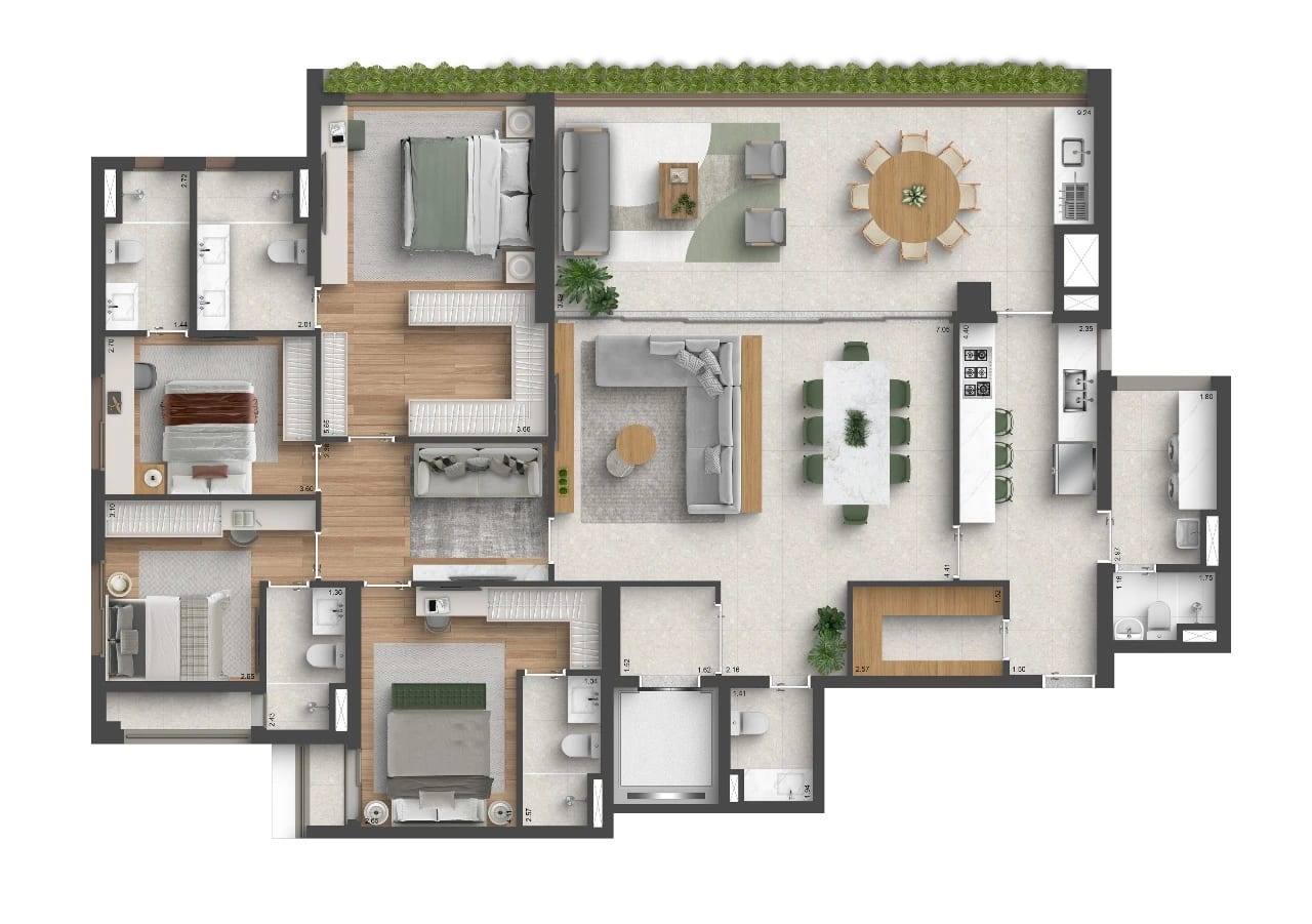 Planta 4 dorms · 4 suítes — 207 m²