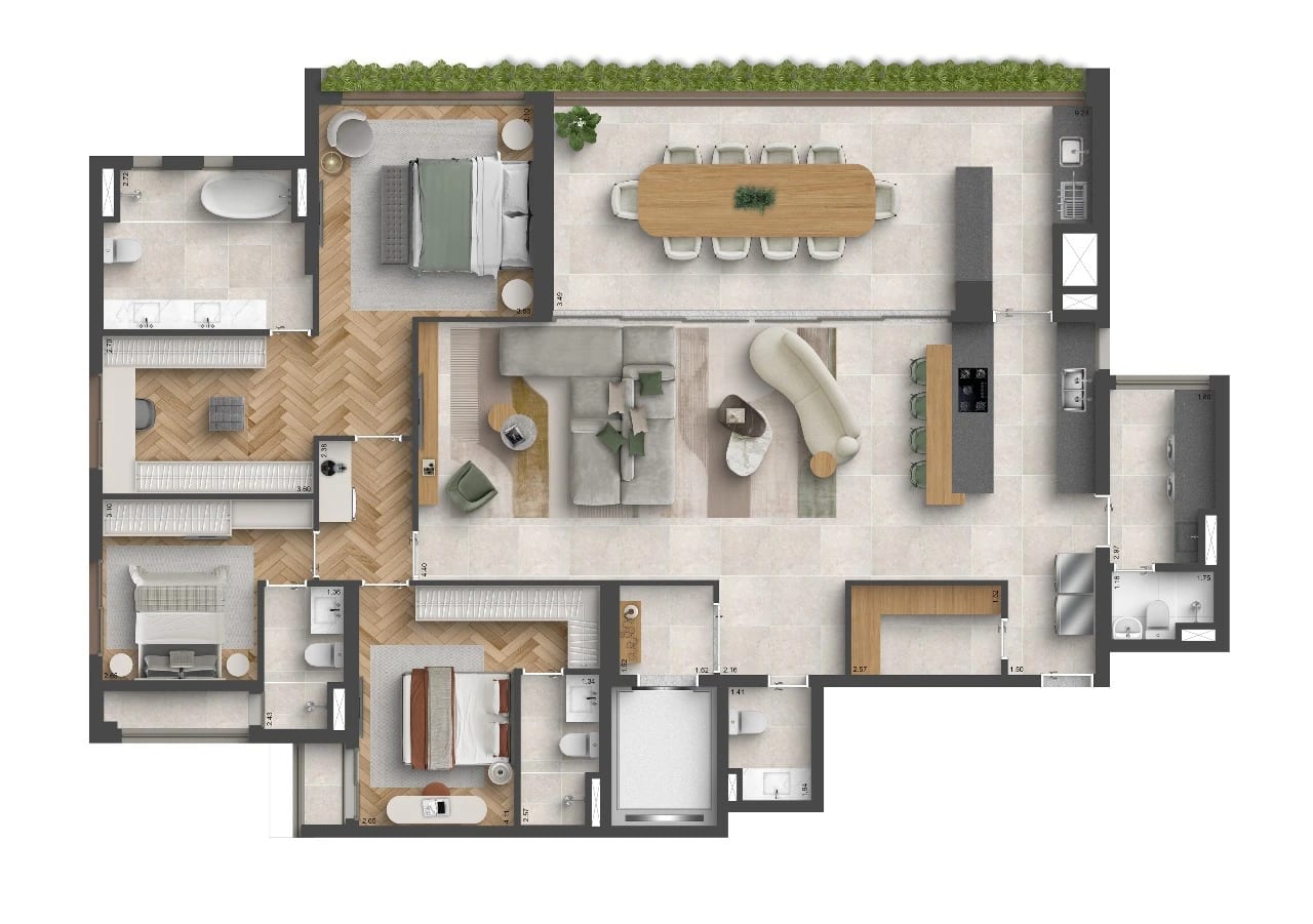 Planta 3 dorms · 3 suítes — 207 m²