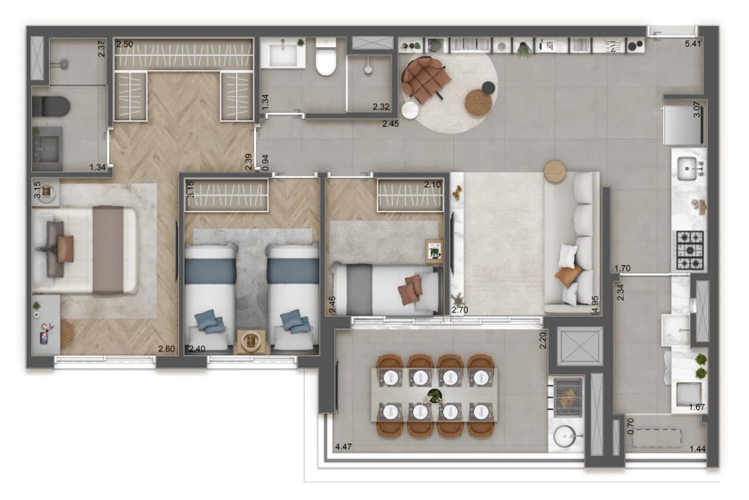 Planta 3 Dormitórios com suíte — 85 m²