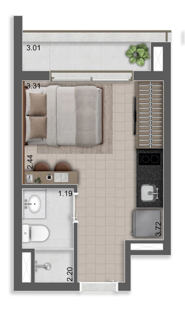 Planta Studio — 21 m²