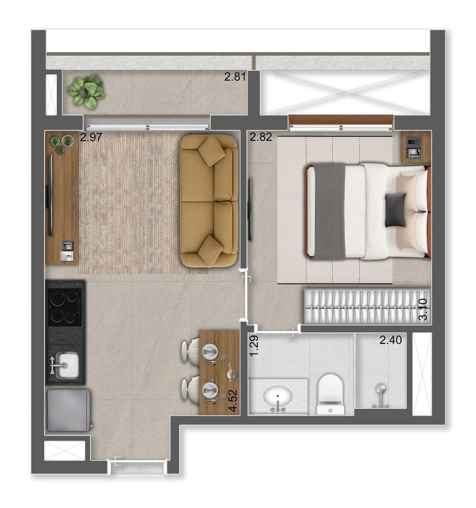 Planta 1 Dormitório — 34 m²