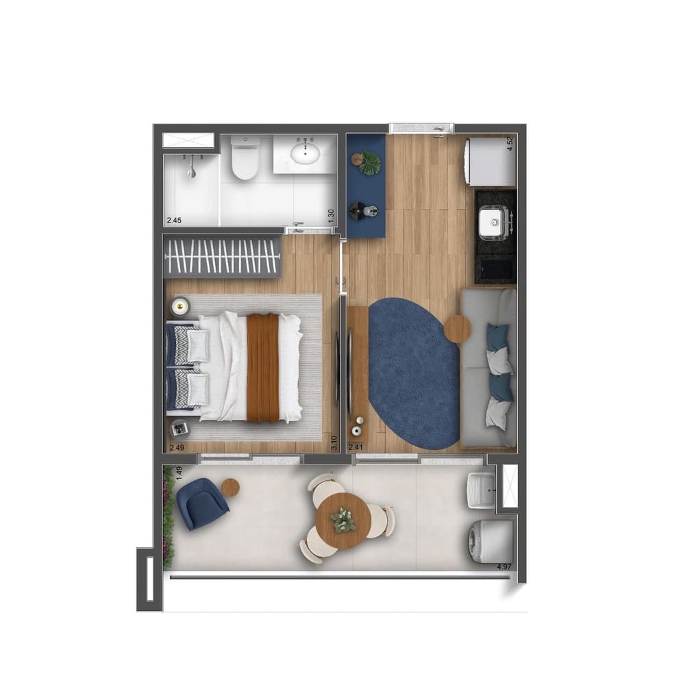 Planta 1 Quarto · Apartamento — 33 m²