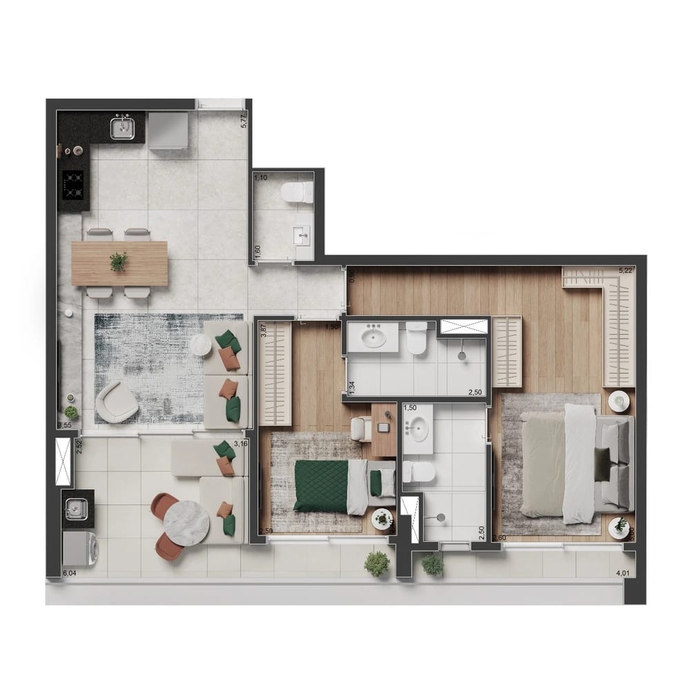 Planta Apartamento · 74m² · 2 suítes — 74 m²