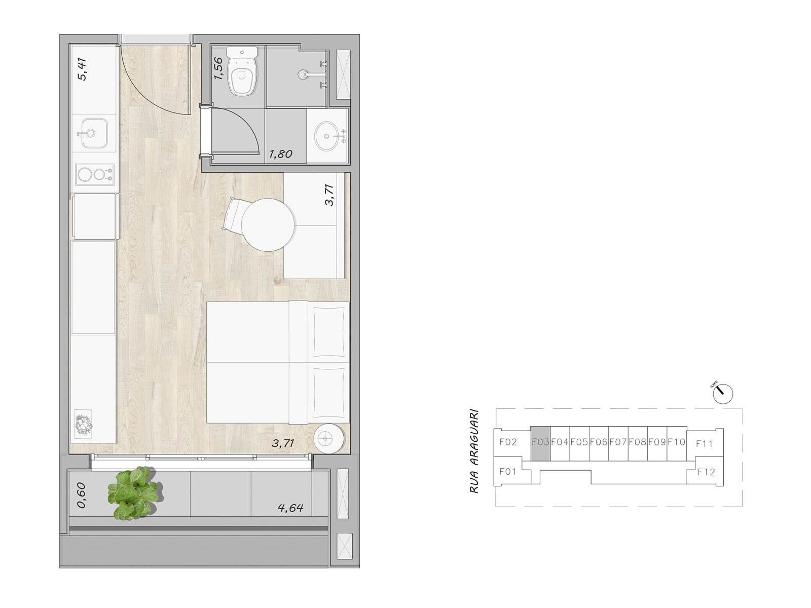 Planta Studio — 27 m²