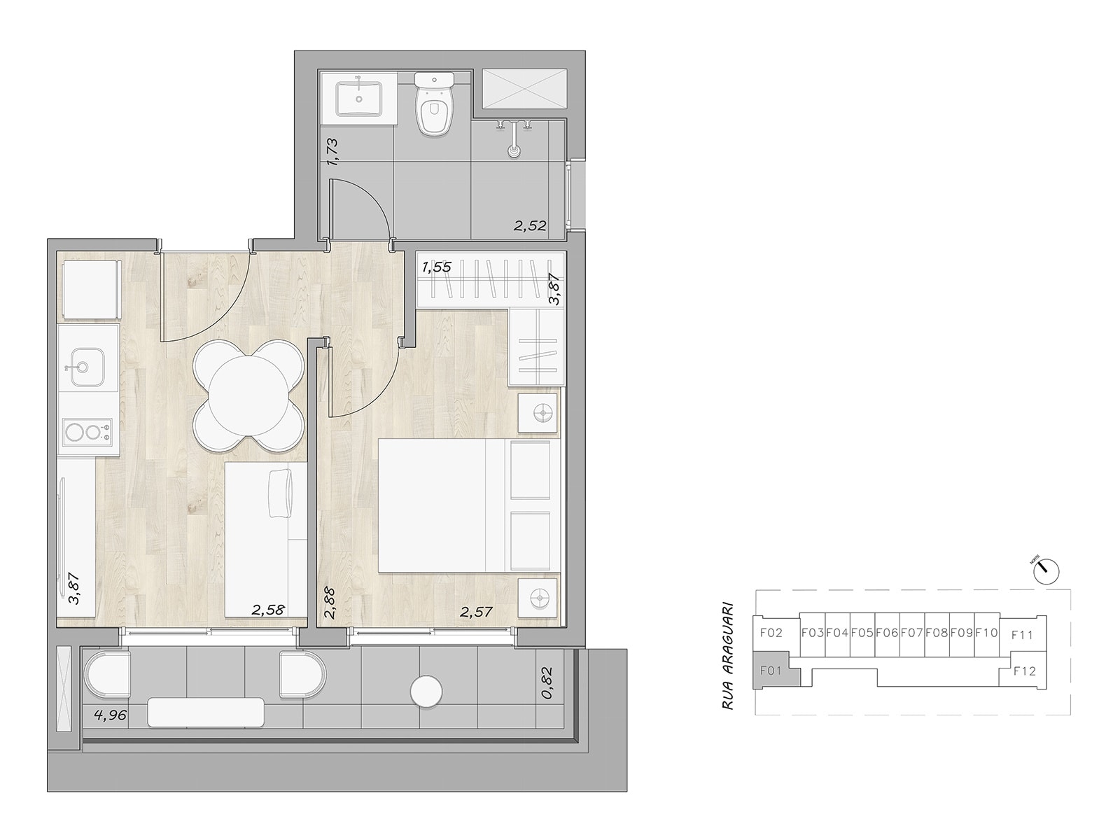 Planta 1 Dormitório — 37 m²