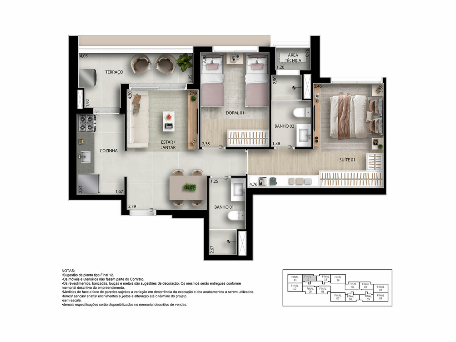 Planta 2 dorms · 1 suíte — 61 m²