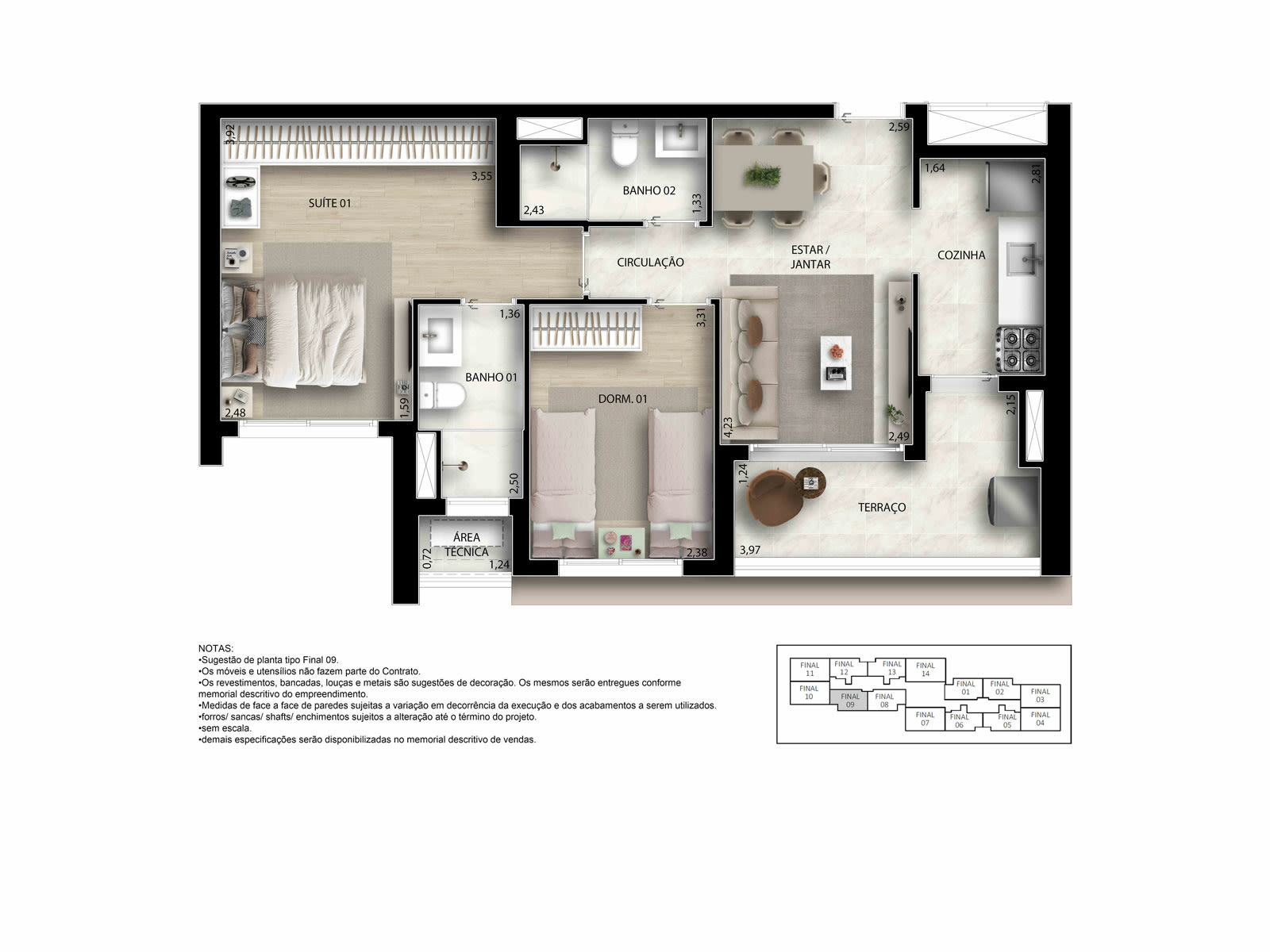Planta 2 dorms · 1 suíte — 62 m²