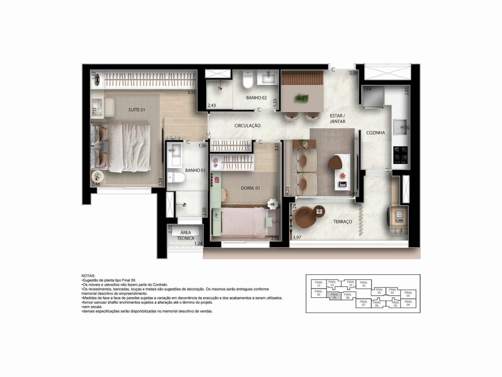 Planta 2 dorms · 1 suíte — 62 m²