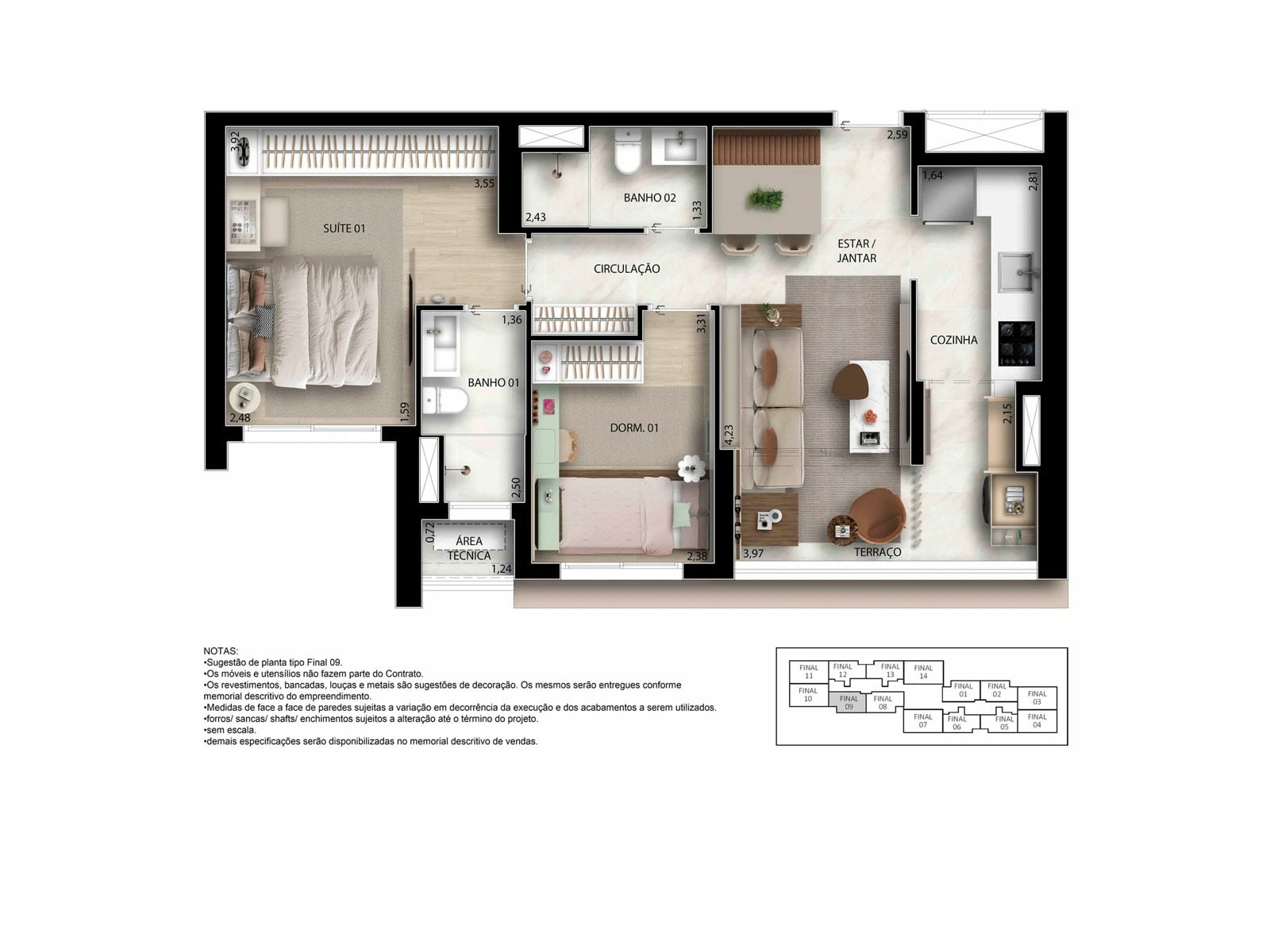 Planta 2 dorms · 1 suíte — 62 m²