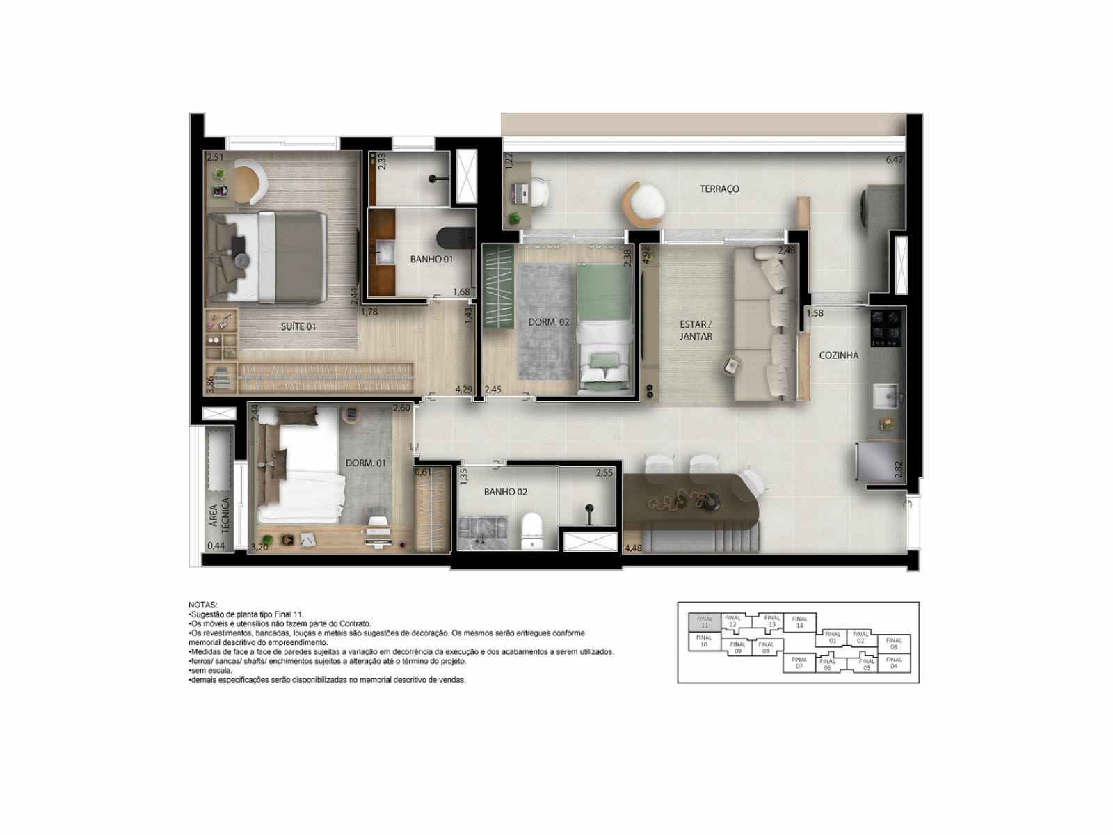 Planta 3 dorms · 1 suíte — 76 m²