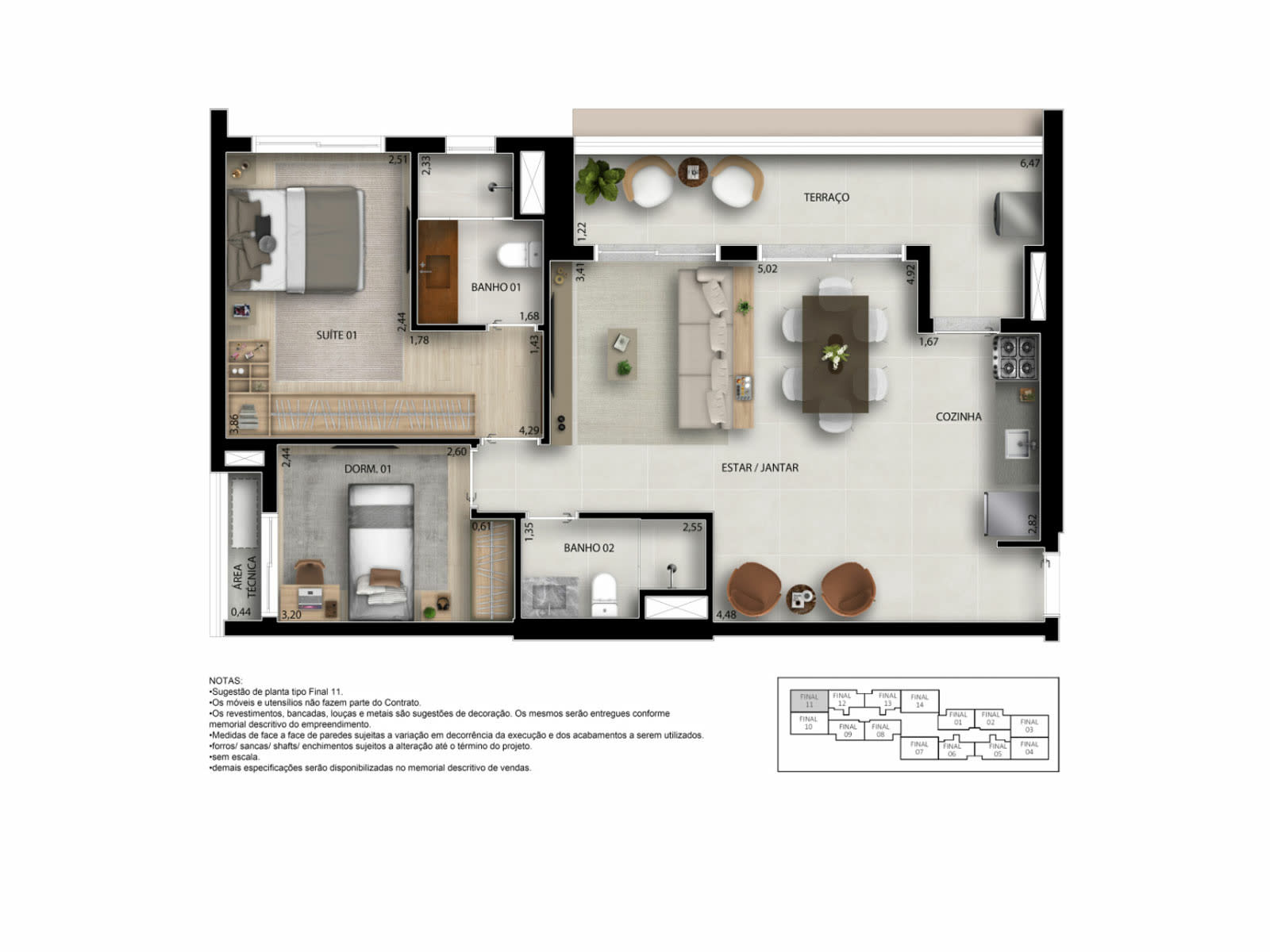 Planta 3 dorms · 1 suíte — 76 m²