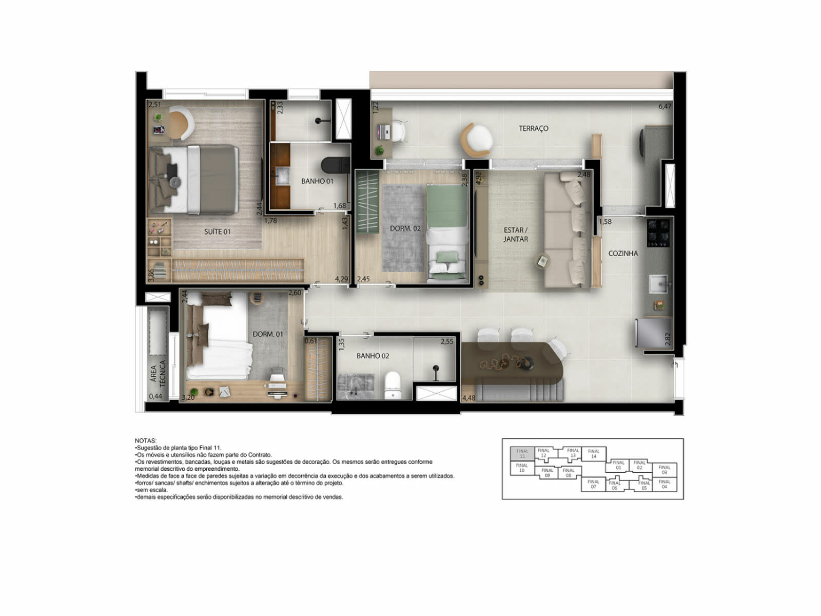 Planta 3 dorms · 1 suíte — 76 m²