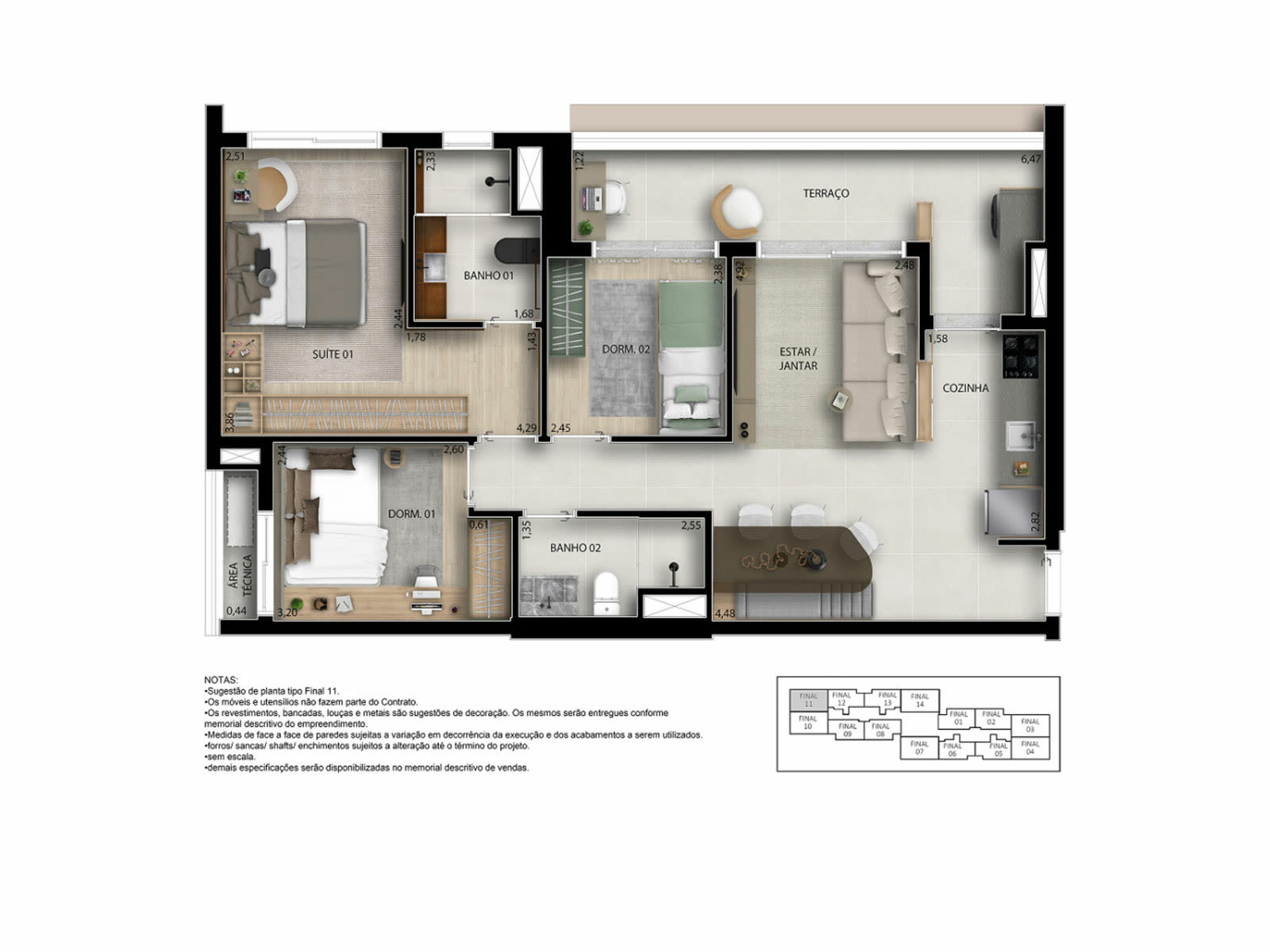Planta 3 dorms · 1 suíte — 76 m²