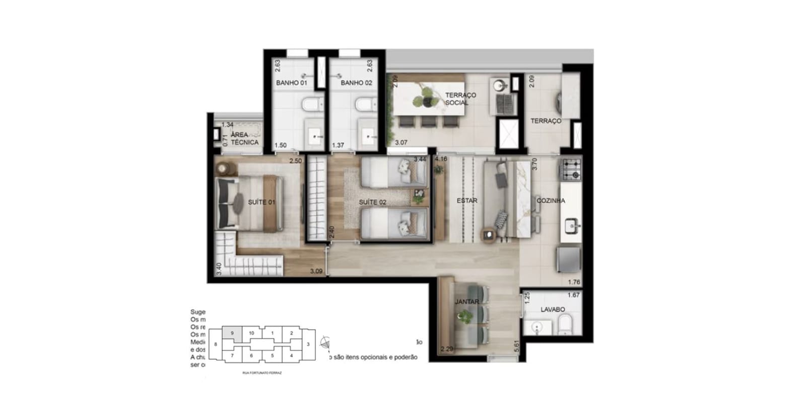 Planta 3 dorms · 2 suítes — 72 m²