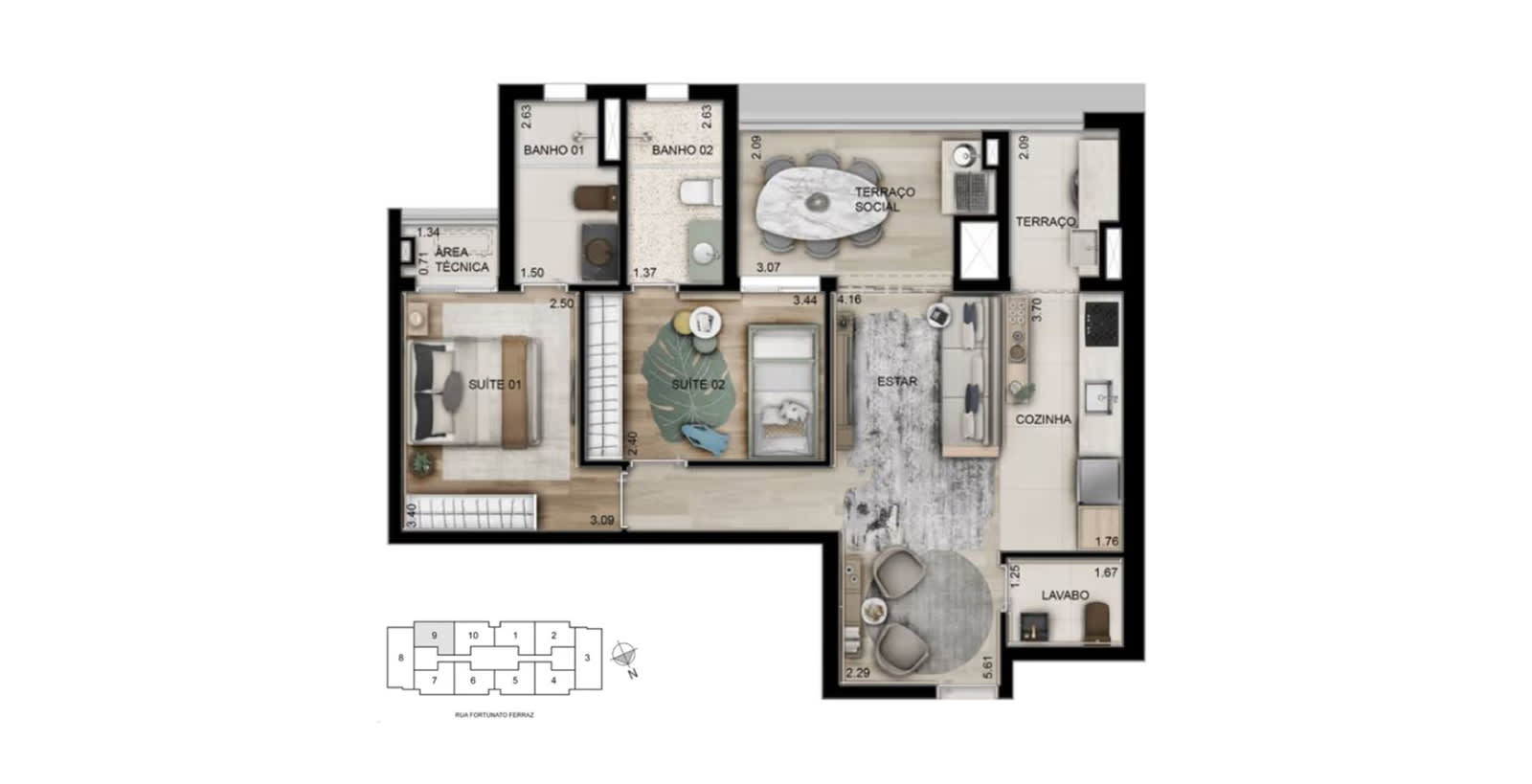 Planta 3 dorms · 2 suítes — 72 m²