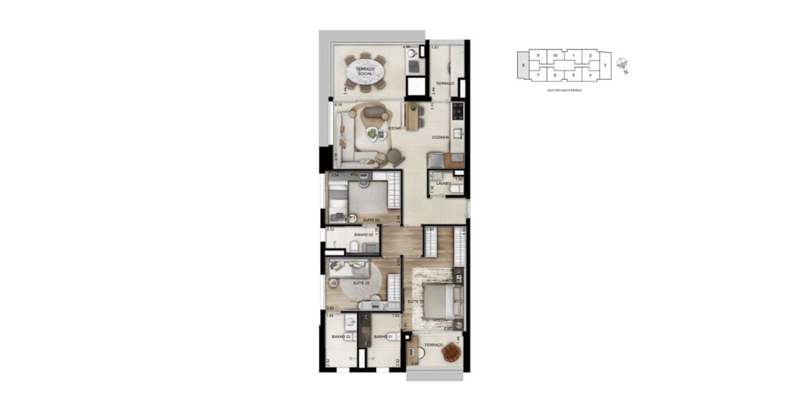 Planta 3 dorms · 3 suítes — 105 m²