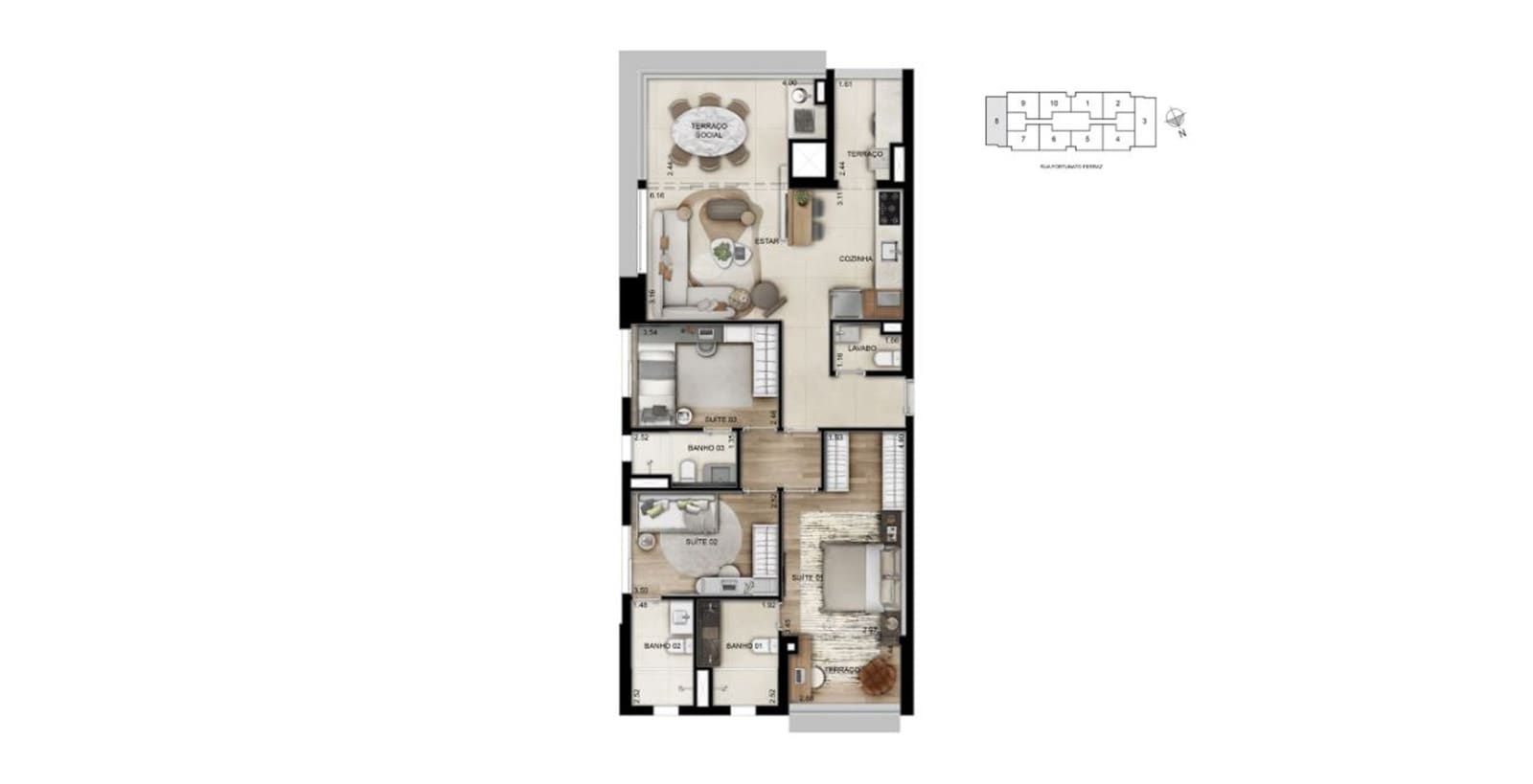 Planta 3 dorms · 3 suítes — 105 m²
