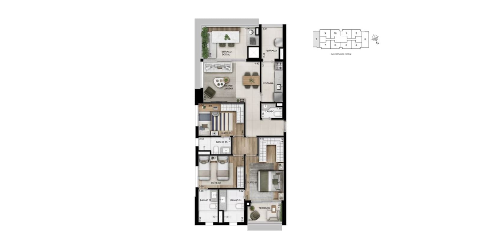 Planta 3 dorms · 3 suítes — 105 m²