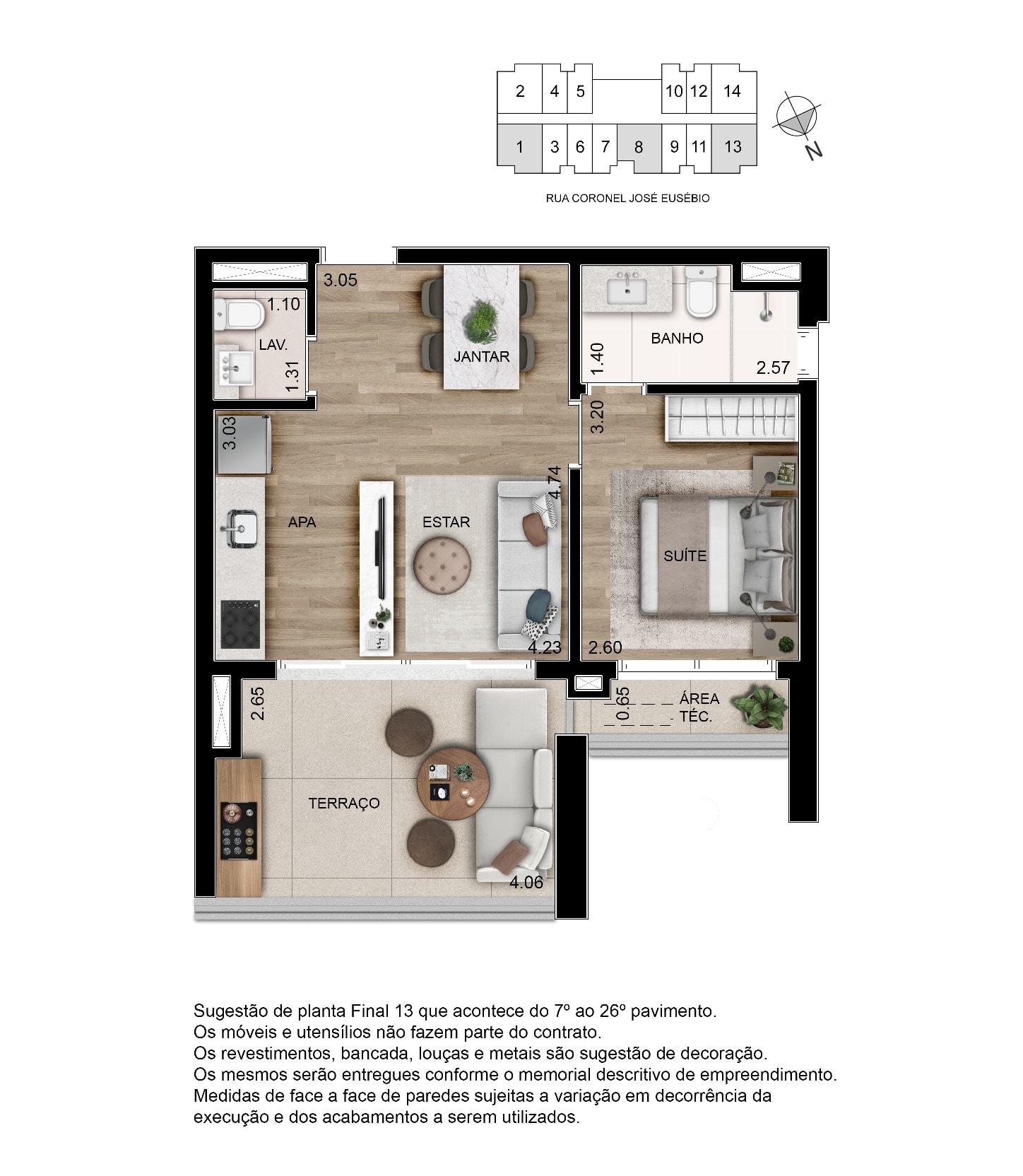 Planta 1 dormitório — 53 m²