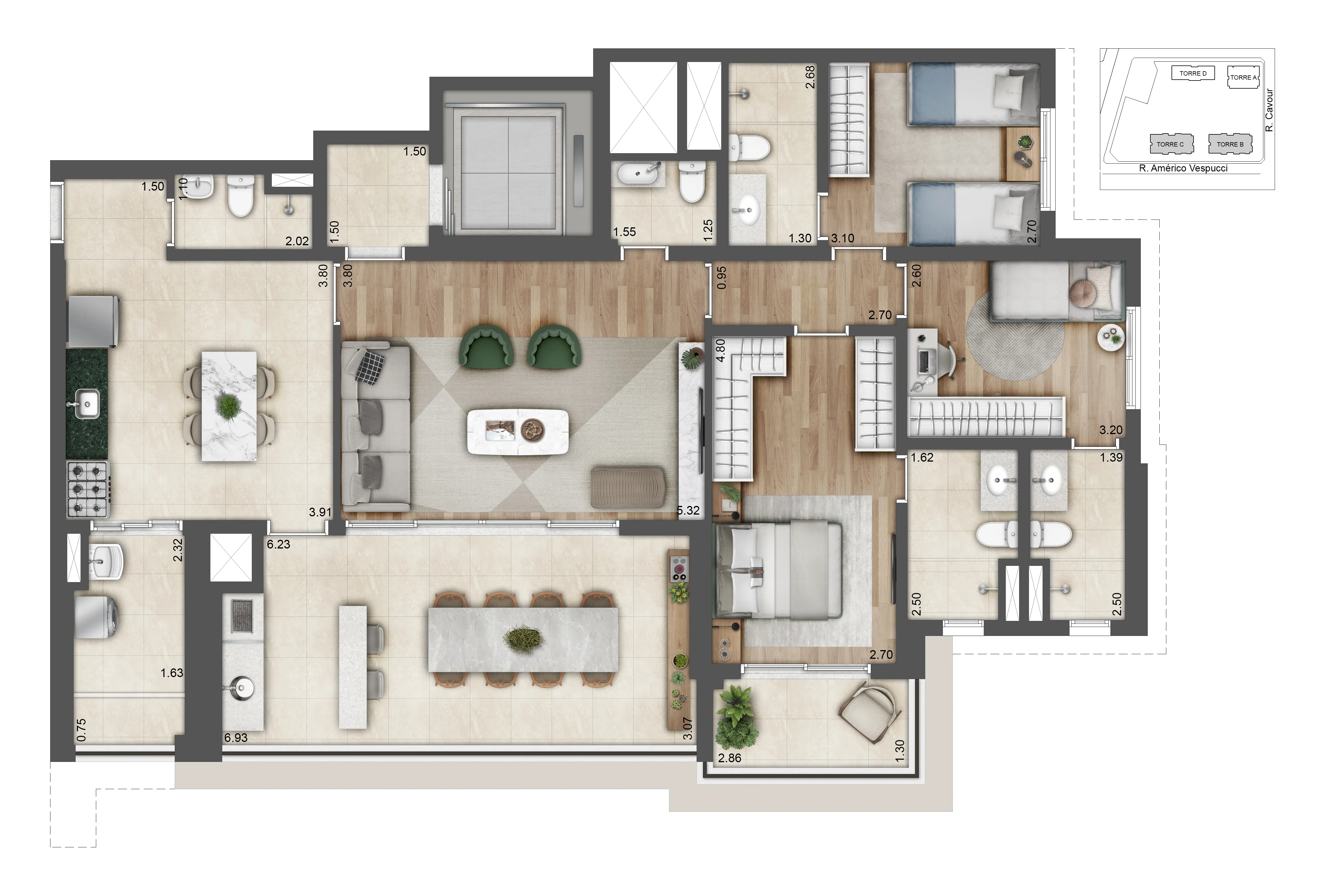 Planta 3 suítes — 139 m²