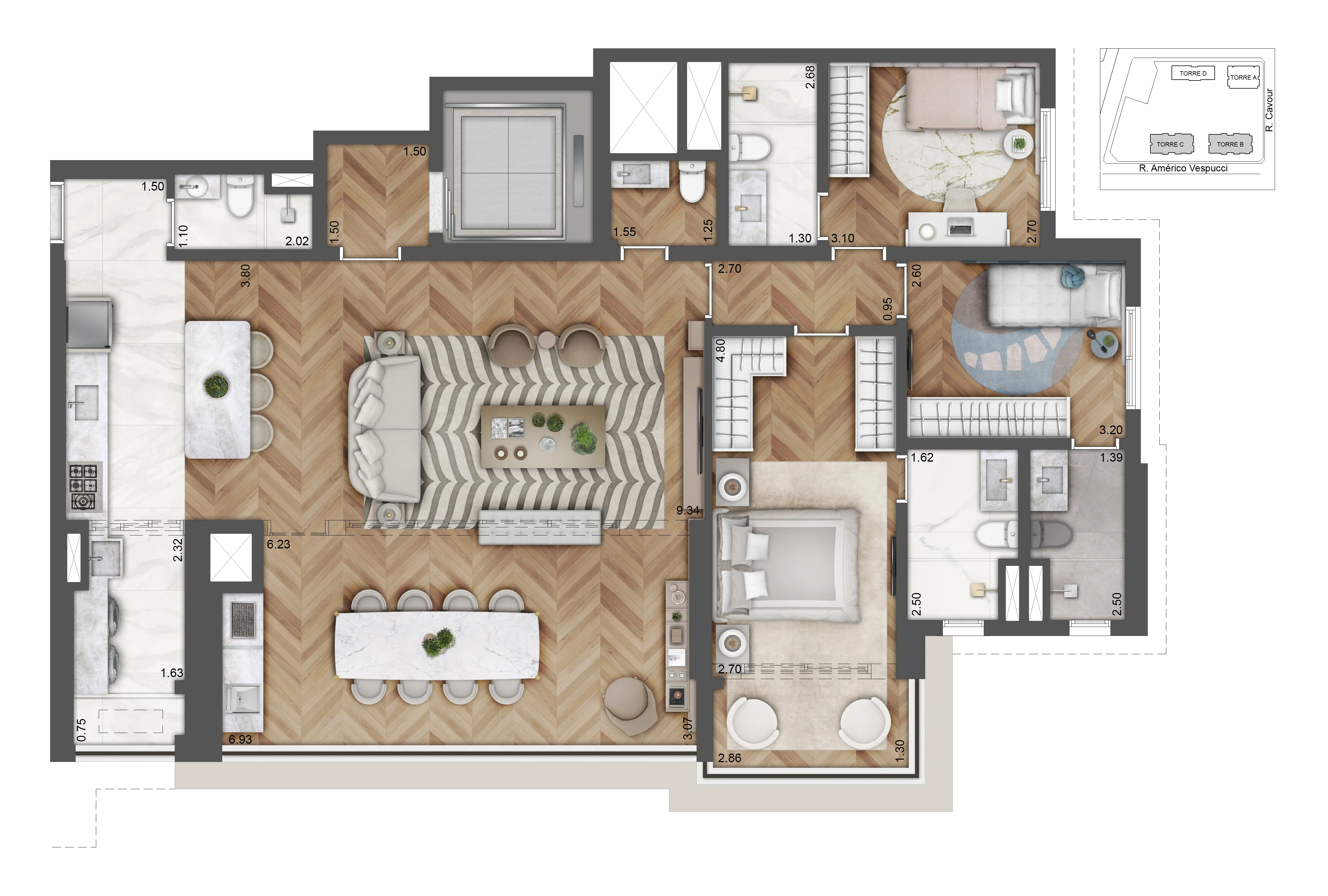 Planta 3 suítes — 139 m²