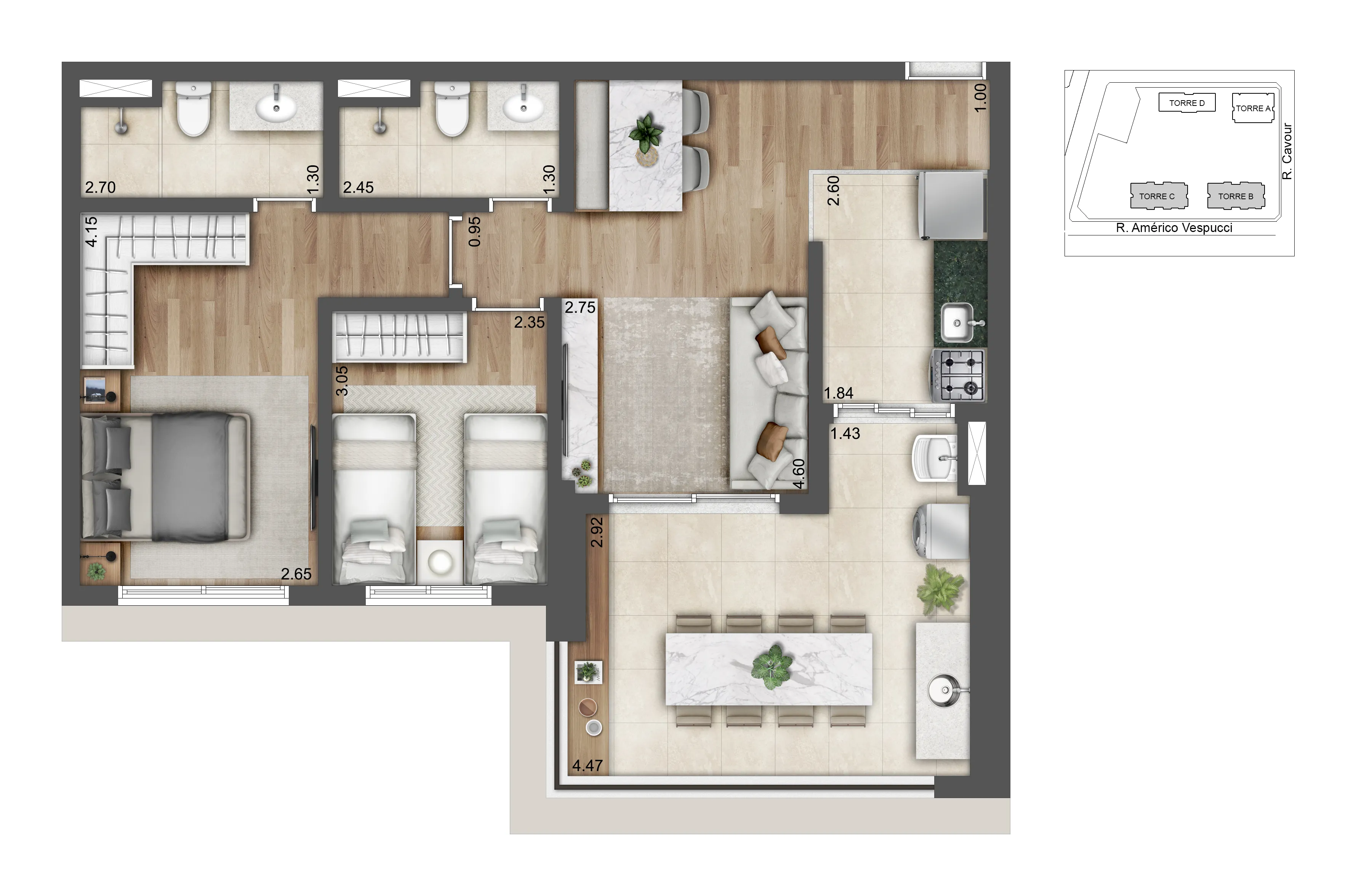 Planta 2 dorms — 72 m²