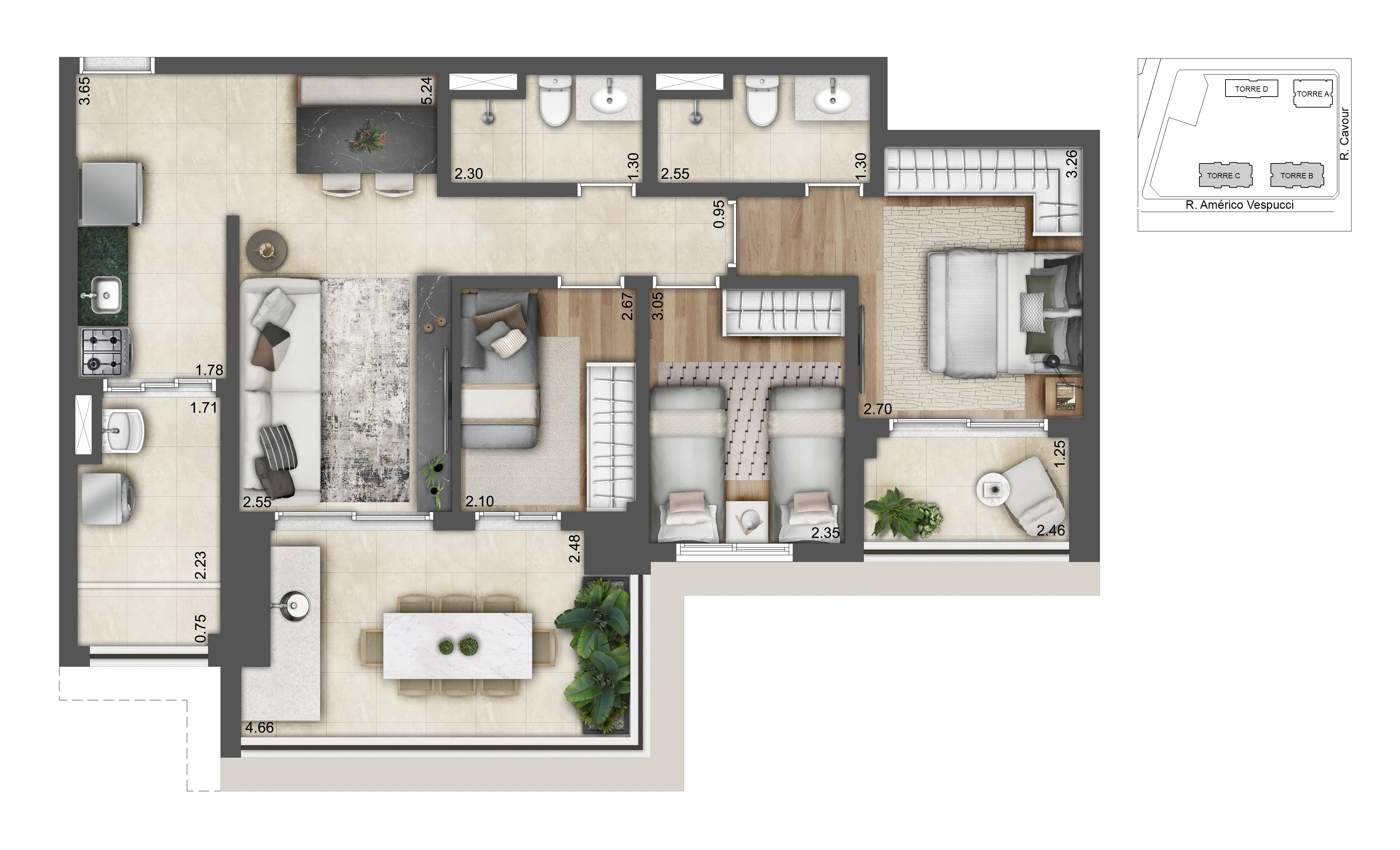 Planta 3 dorms — 85 m²