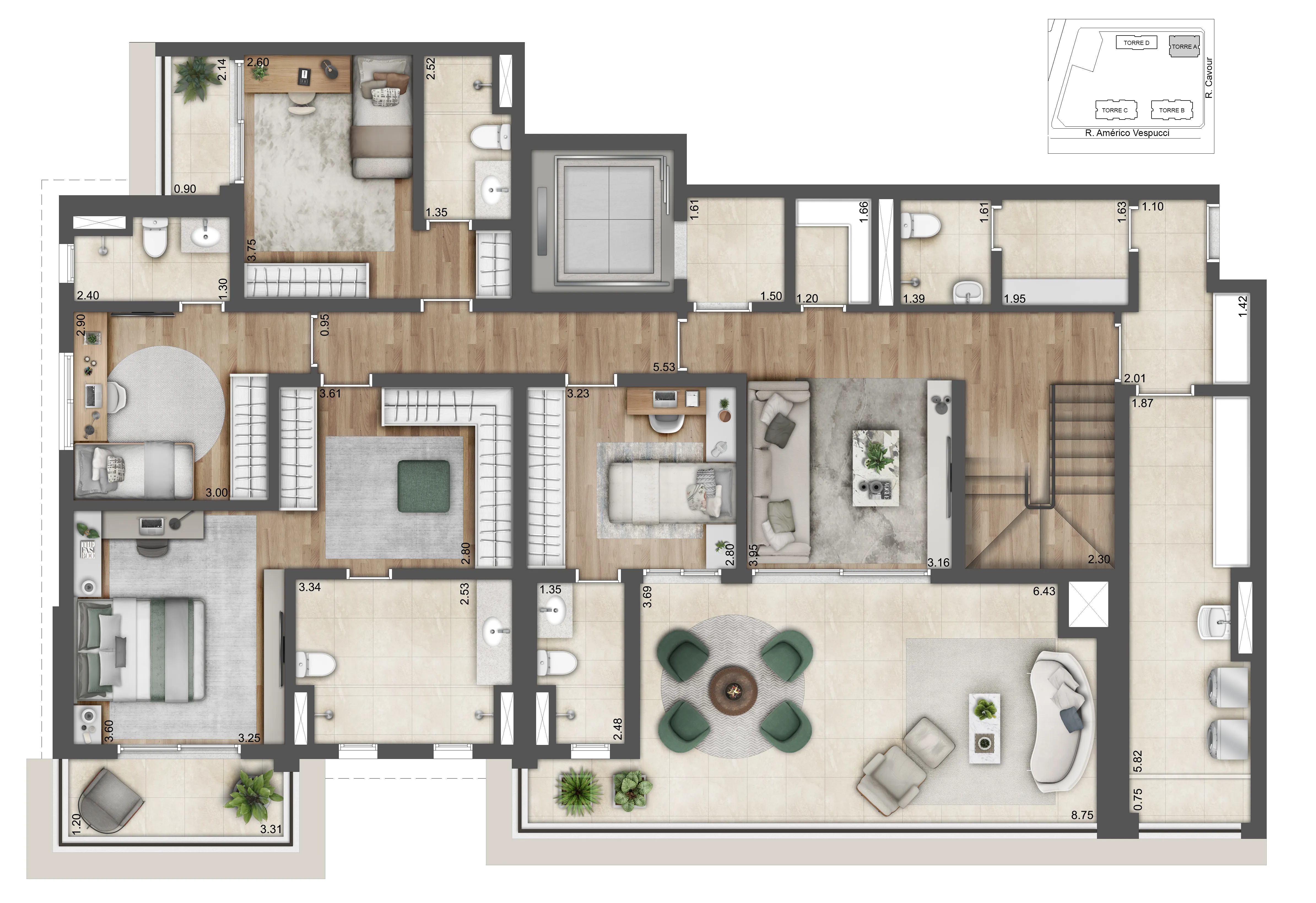 Planta 4 suítes — 350 m²