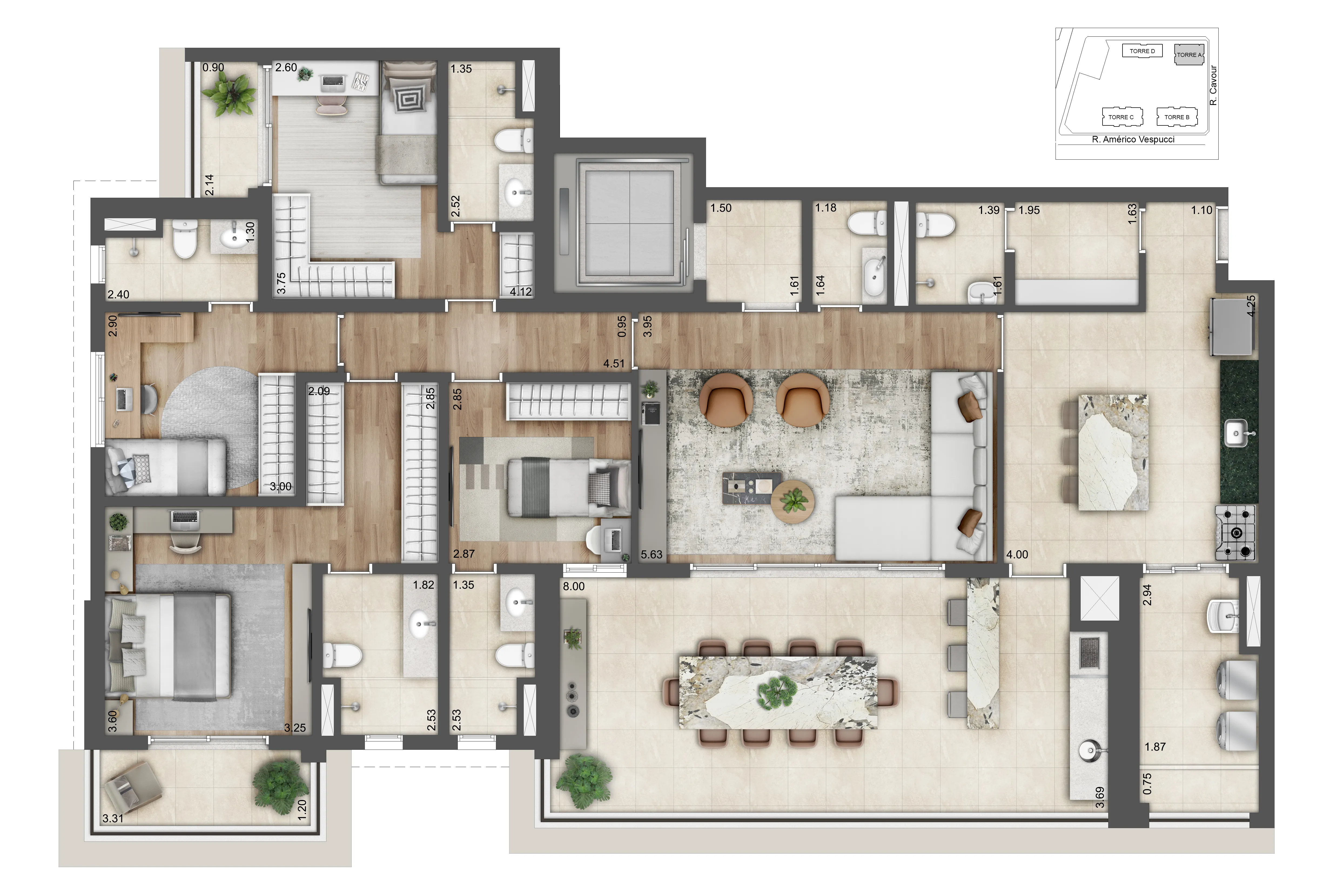 Planta 4 suítes — 188 m²