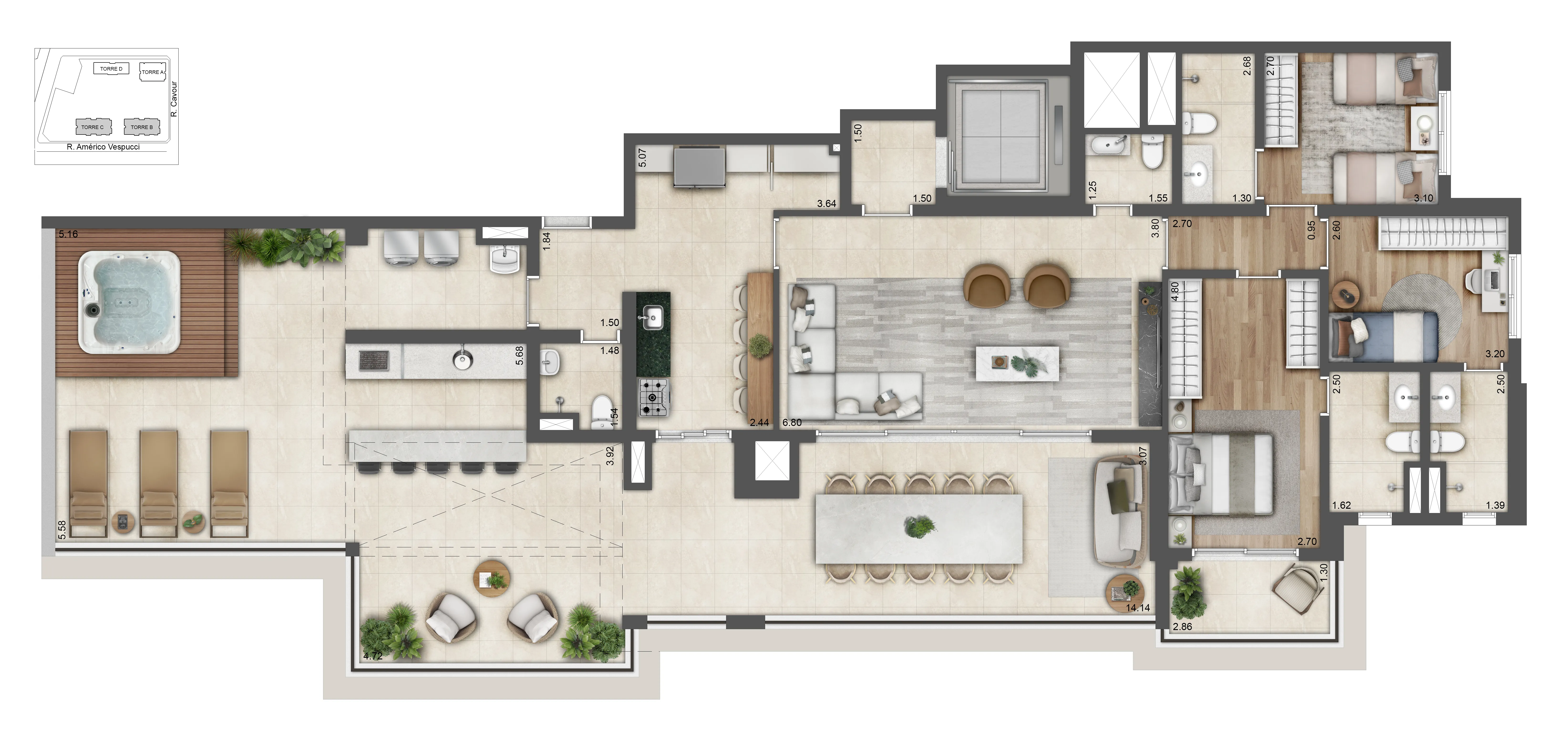 Planta 3 suítes — 211 m²