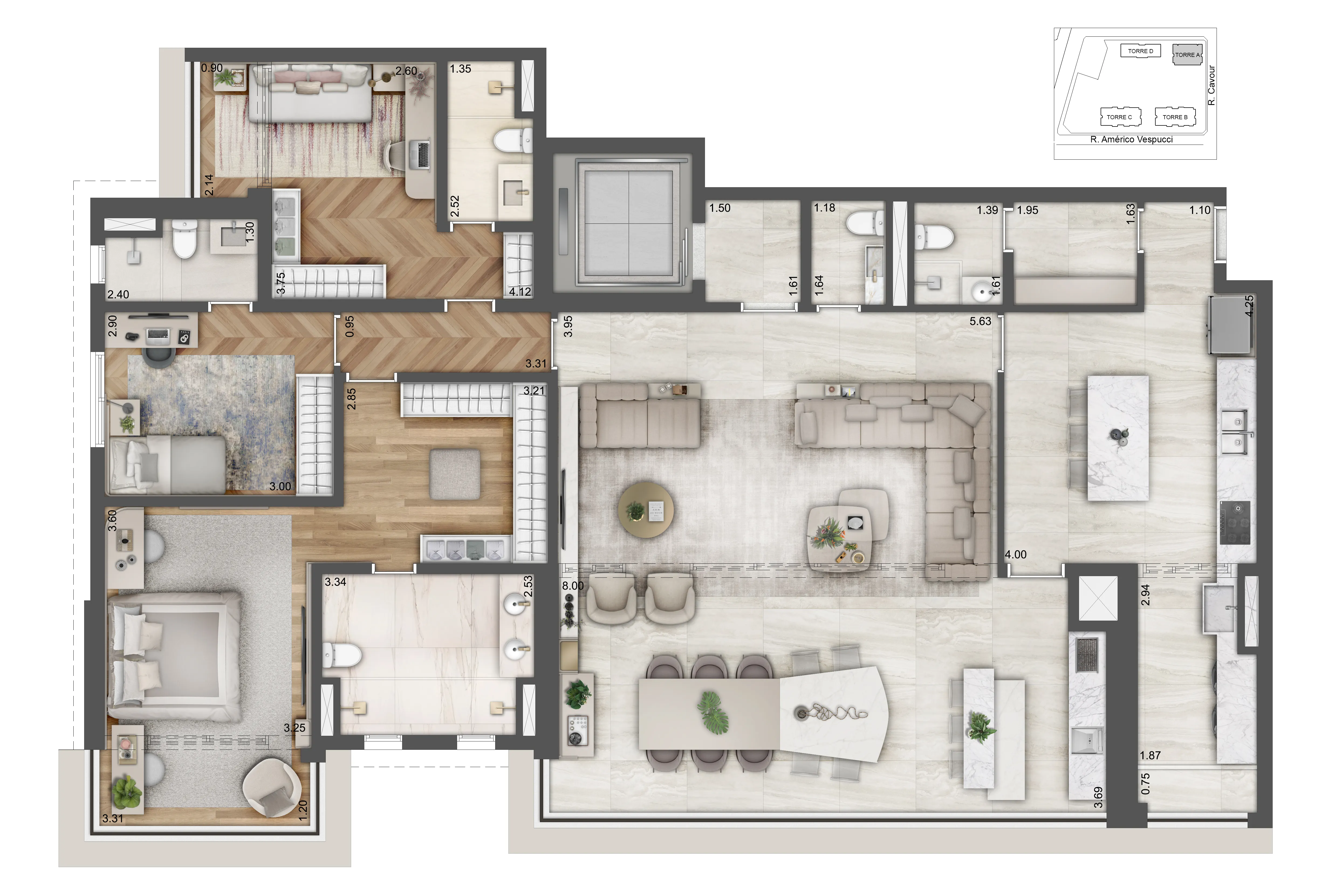 Planta 4 suítes — 188 m²