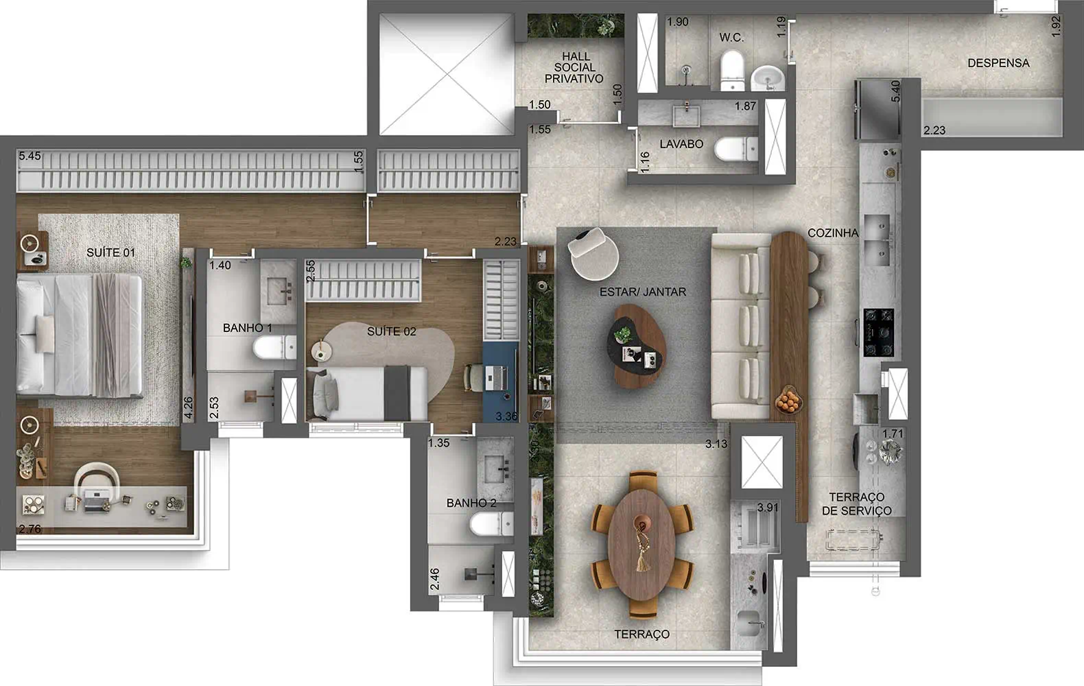 Planta 2 suítes — 114 m²