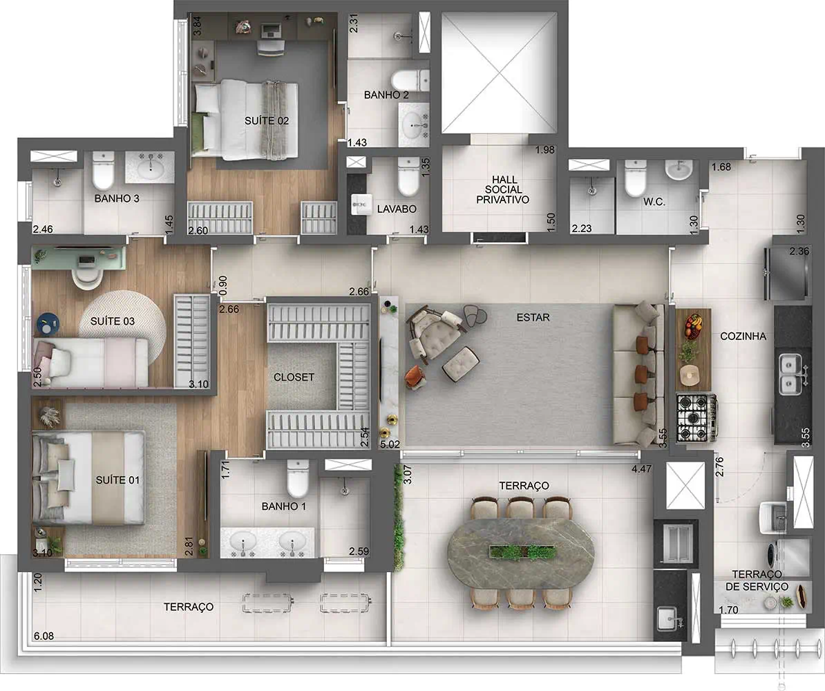 Planta 3 suítes — 136 m²