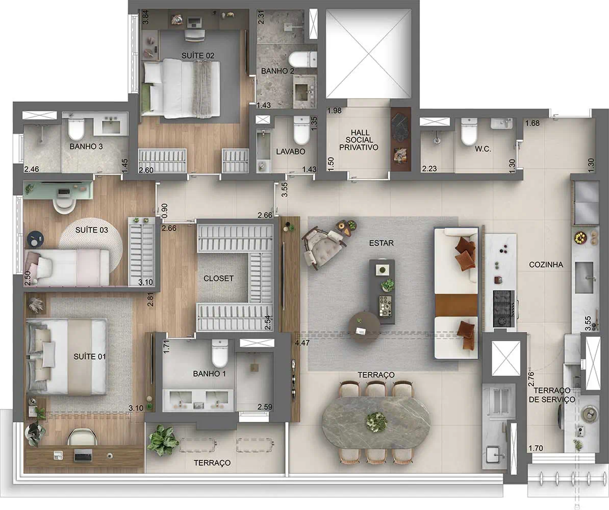 Planta 3 suítes — 136 m²